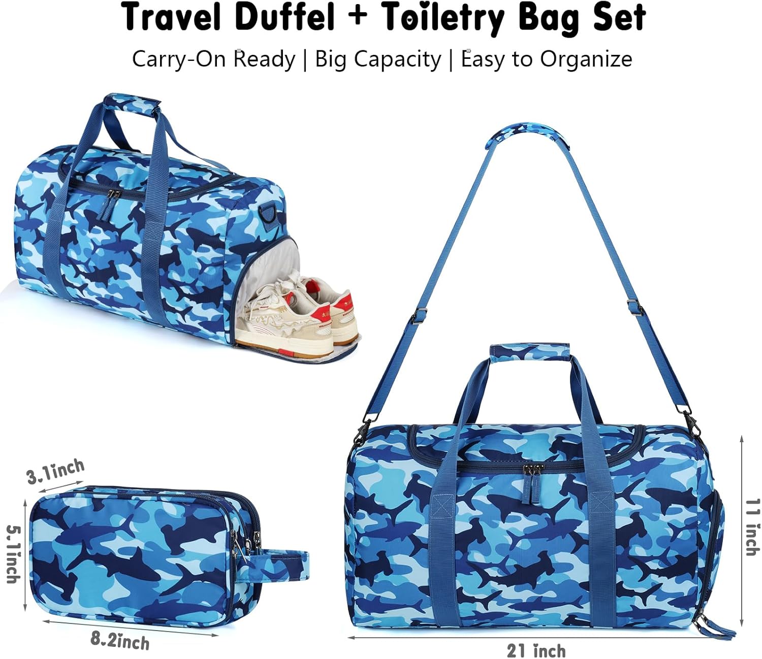 Boys Duffle Bag for Travel, Kids Duffle Bag Large Weekender Overnight Bags with Kids Toiletry Bag Set Shoe Compartment Carry on, Shark Blue - Image 2