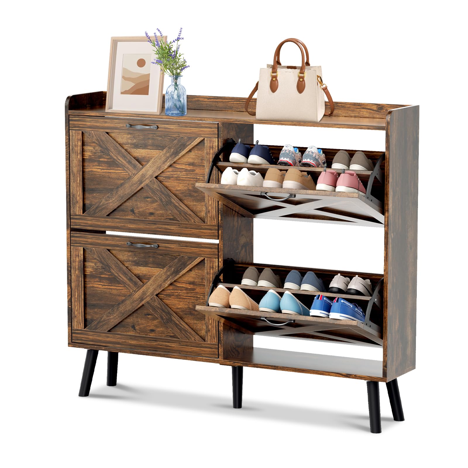 SOLAURA Large Shoe Storage Cabinet with 4 Flip Drawers, Freestanding Shoe Rack for Entryway, Hidden Shoe Organizer with Wooden Legs, Rustic Brown