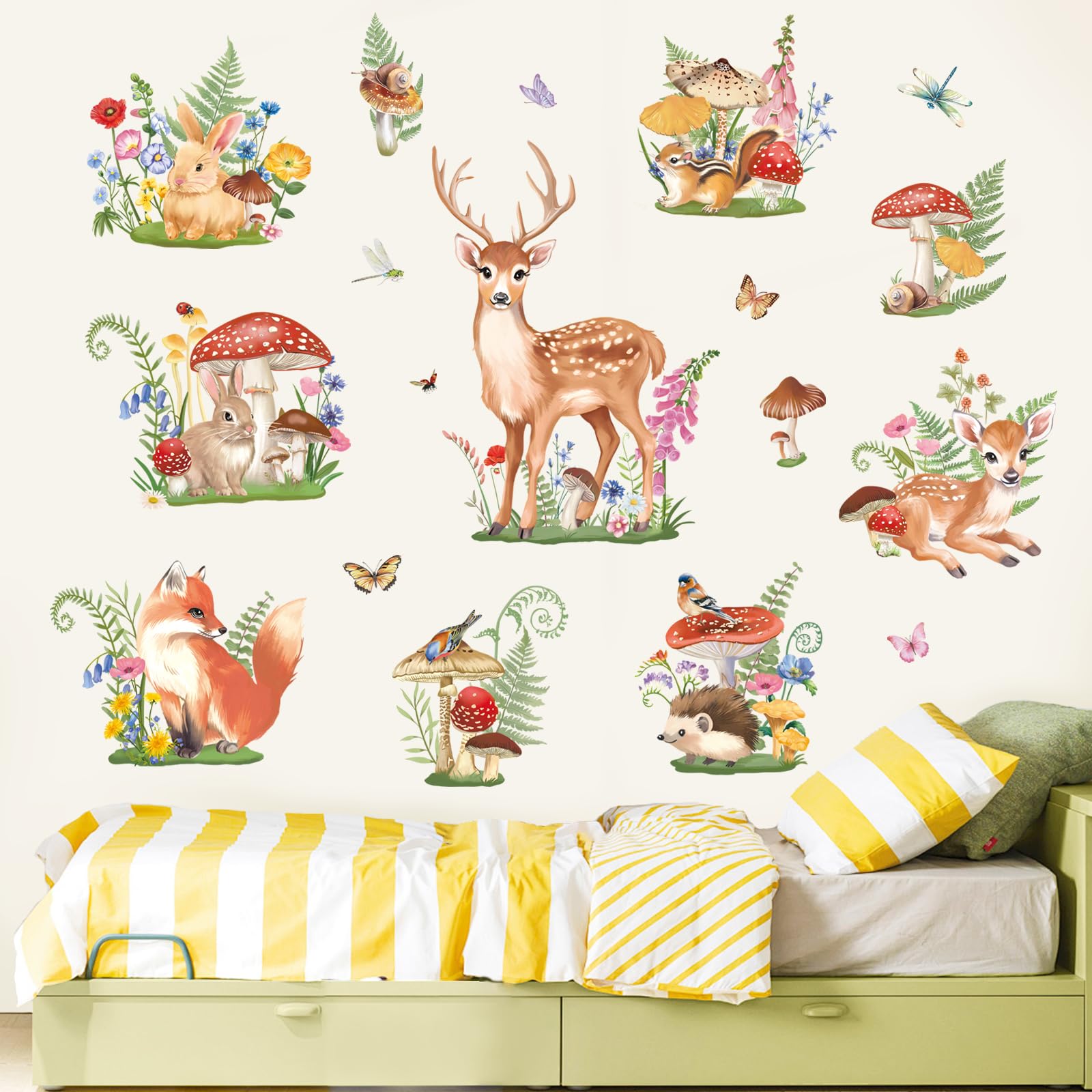 FUFUQUARE Spring Woodland Animals Wall Stickers Cartoon Deer Rabbit Squirrel Wall Art Decals Vinyl Removable Peel and Stick for Baby Kids Nursery Bedroom Living Room Playroom - Image 2