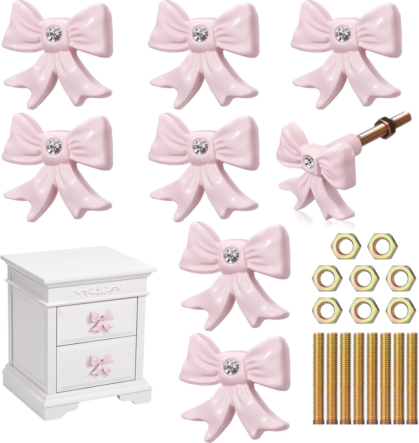 MorningRo 8 Pcs Pink Bow Dresser Knobs Cast Iron Drawer Cabinet Knobs Coquette Girly Bow Vintage Decorative Drawer Pull Handles for Nursery Girls Room Vanity Wardrobe Bedroom Kitchen Home Decor