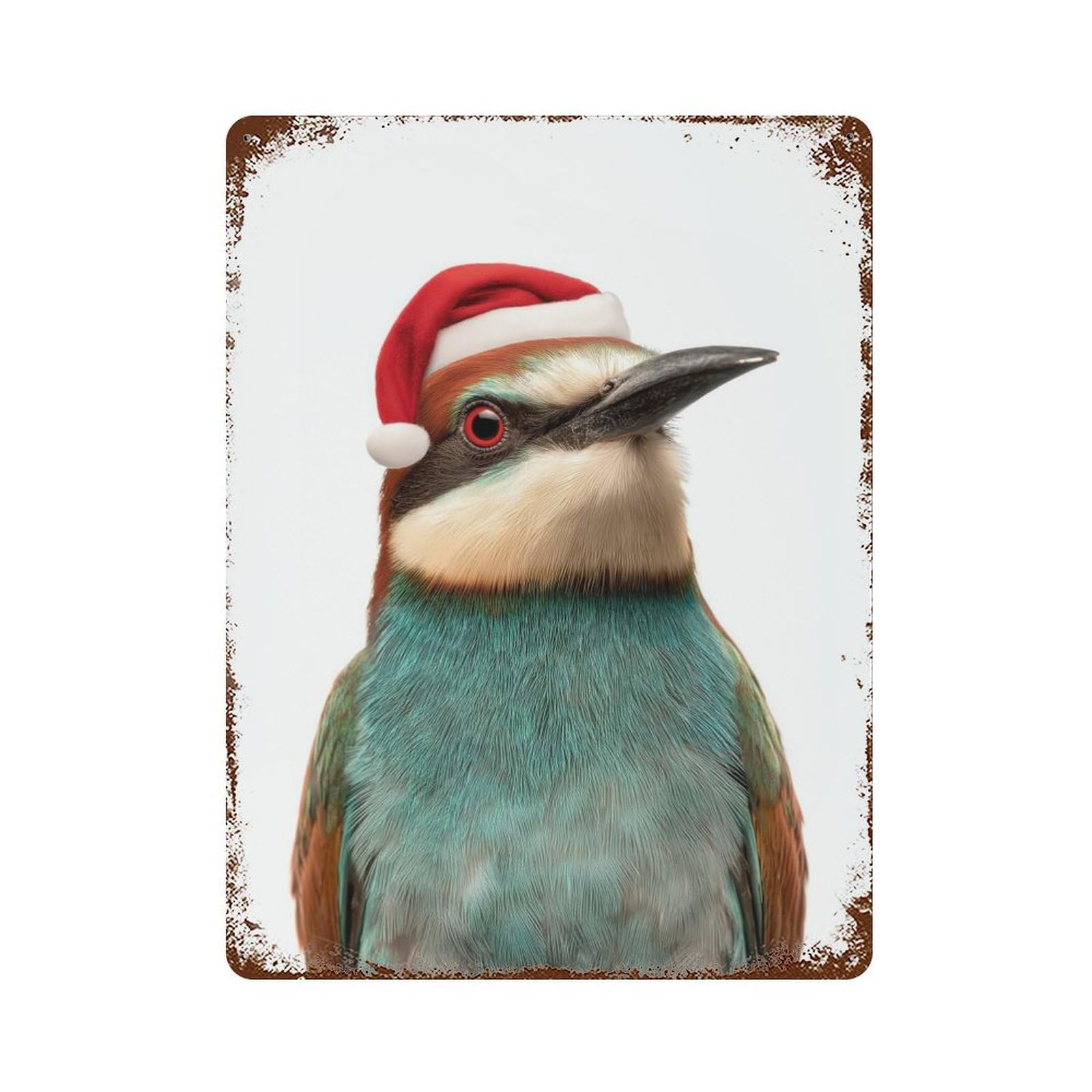 Festive Bee-eater Bird with Santa Hat 15.7"x11.8" Vintage Rust Metal Sign, Shabby Chic Decor for Garage, Bar And Workshop Decor