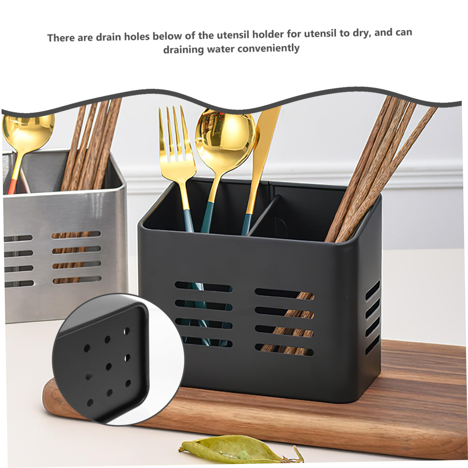 Porte-ustensiles Support de Fourchettes Noir en Acier Inoxydable Robuste Trous D'évacuation Simple et Élégant pour Égouttoir à Baguettes Cuisine Moderne