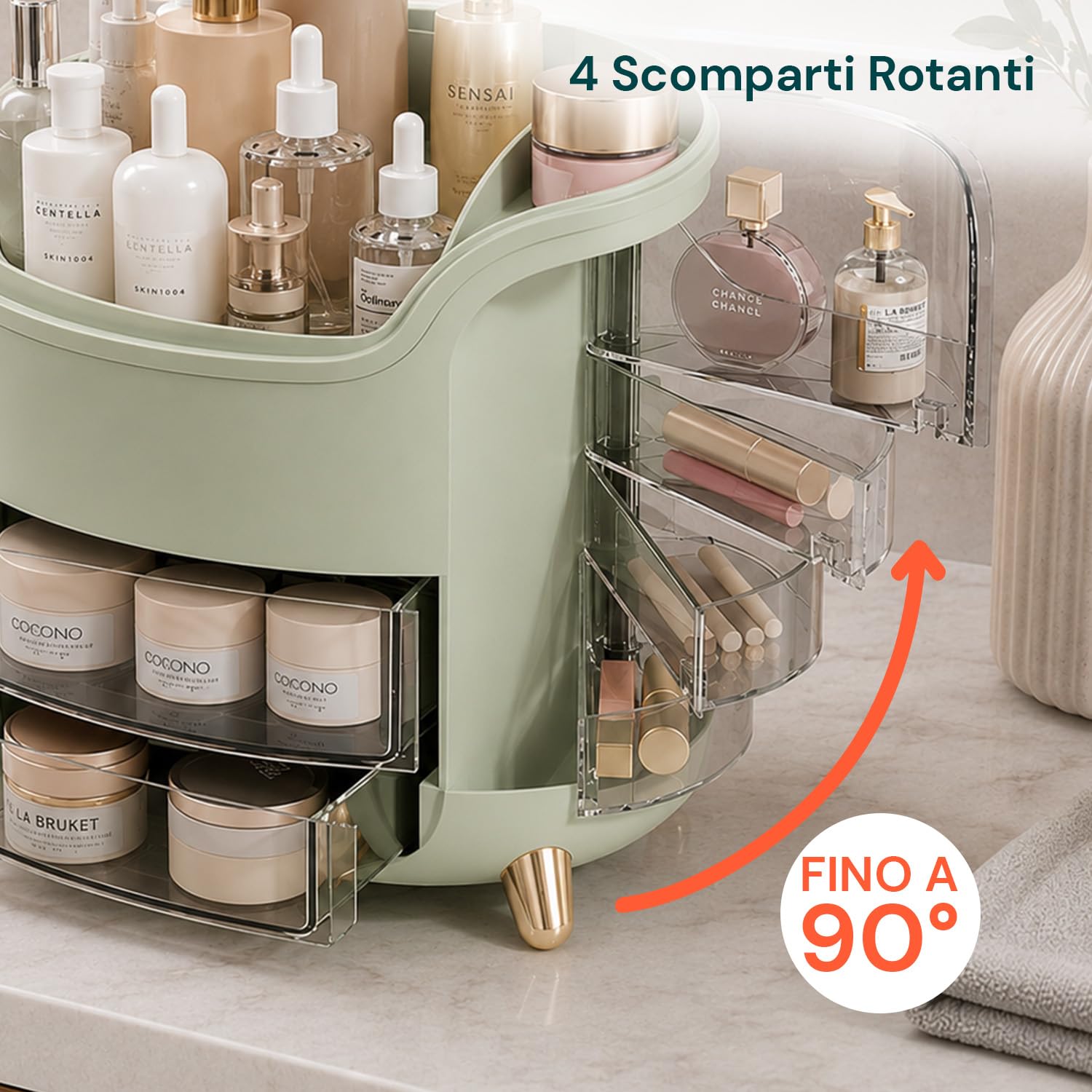 Wintem Porta Trucchi Rotante Trasparente Verde, Make Up Organizer con 2 Cassetti Girevoli a 90° e 2 Scomparti Laterali, Organizzatore Cosmetici Compatto da Toeletta