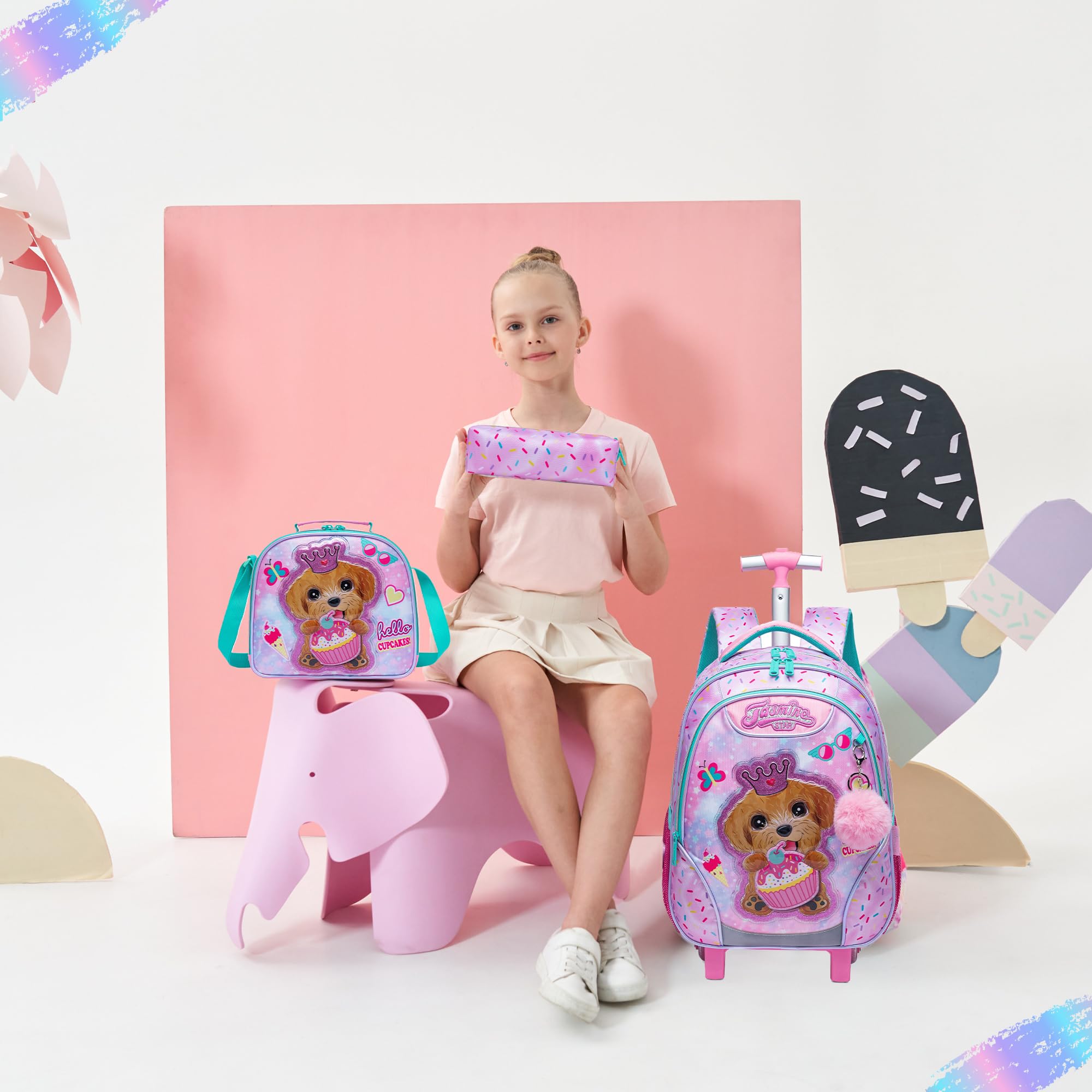 HTgroce Mochila Escolar con Ruedas Niña, Mochilas Escolares Con Ruedas,Traiga un Estuche para lápices y una Bolsa para el Almuerzo