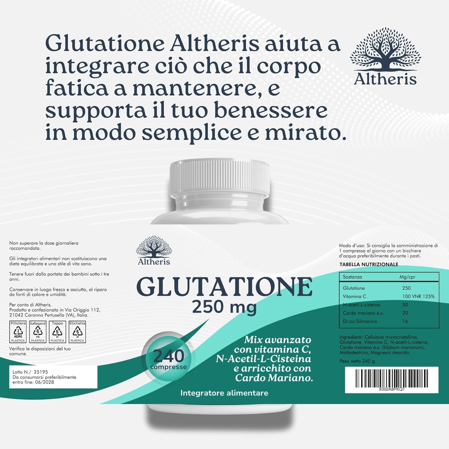 Glutatione Forte 240 Compresse 250mg con Nac N-Acetil-Cisteina, Vitamina C e Cardo Mariano - Potente Antiossidante Integratore Detox Anti-Age