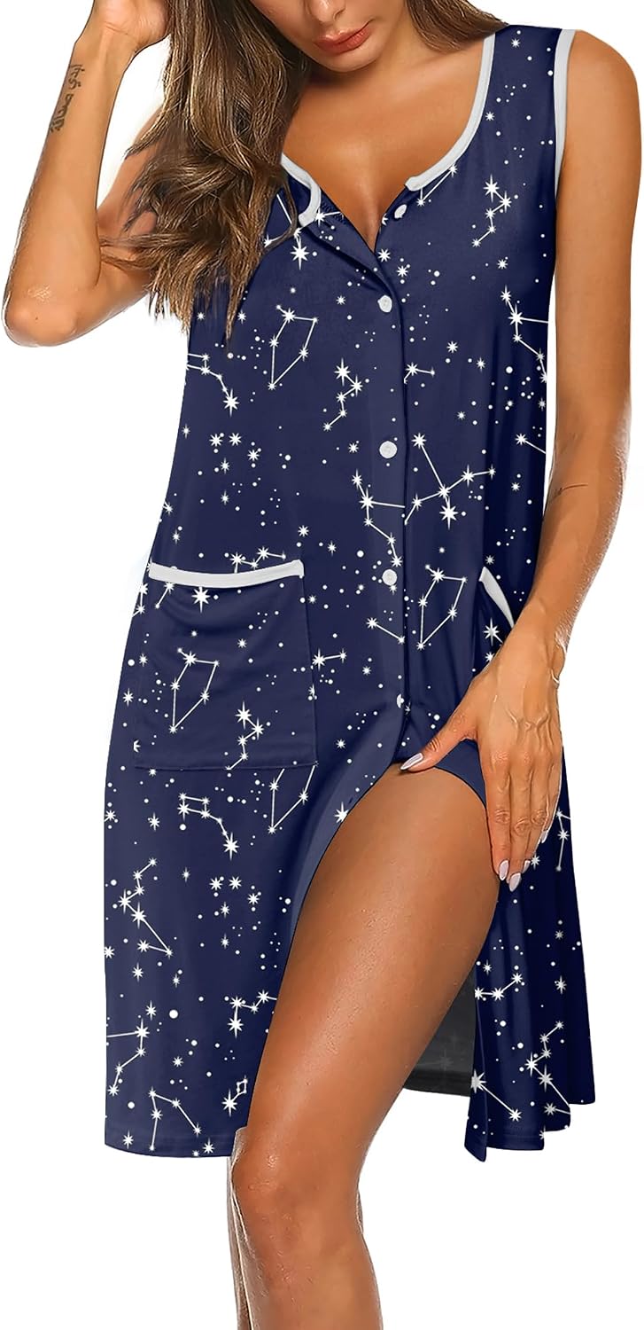 Ekouaer Nightgowns for Women Button Down Sleep Shirts Tank Sleeveless Nightshirt Soft Sleepwear with Pockets