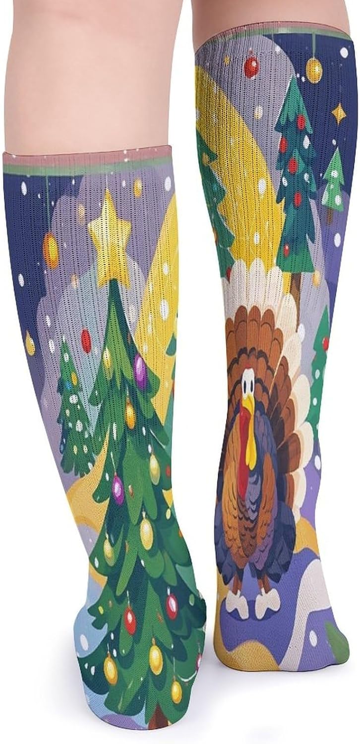 Christmas Turkey Crew Socks Cozy Casual Calf Socks Lightweight Long Work Sock Breathable Athletic Sock for Hiking Sports Running 5 Pairs