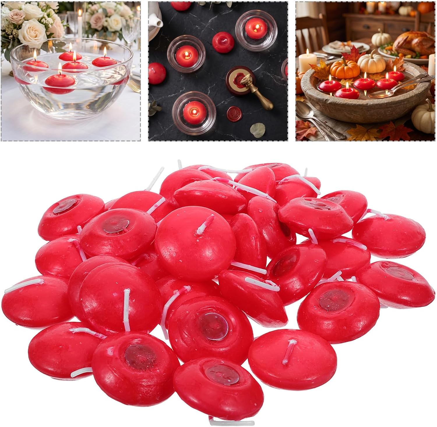 50 Pack Red Floating Candles for Centerpieces, Dripless Smokeless Wax