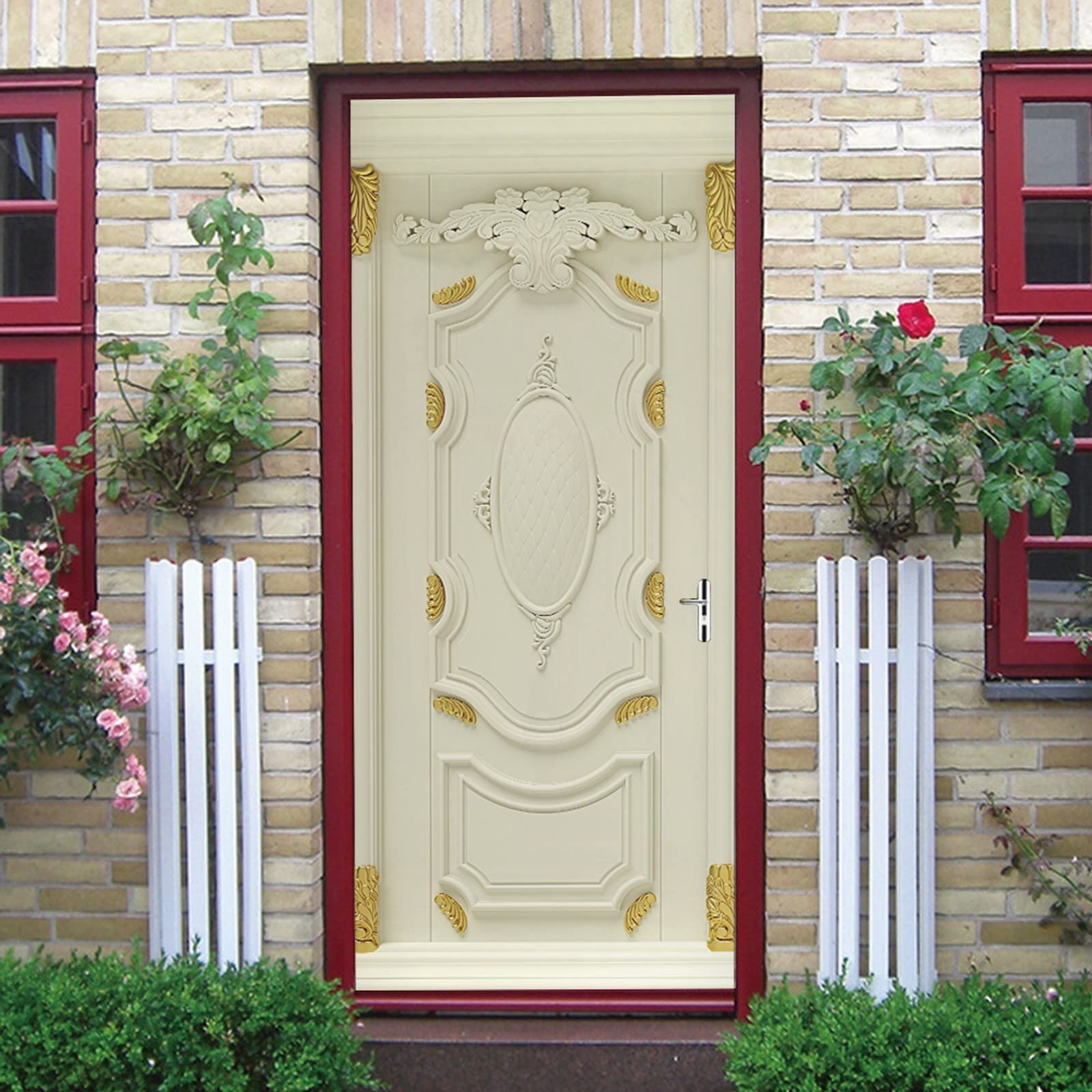 A.Monamour Adesivo Porta Autoadesiva Classica Porta In Legno Bianco Con Rilievi Dorati Vinile PVC Adesivi per Porte Interne 3D Pellicola Adesiva Poster Sticker Murale Parete Carta da Parati