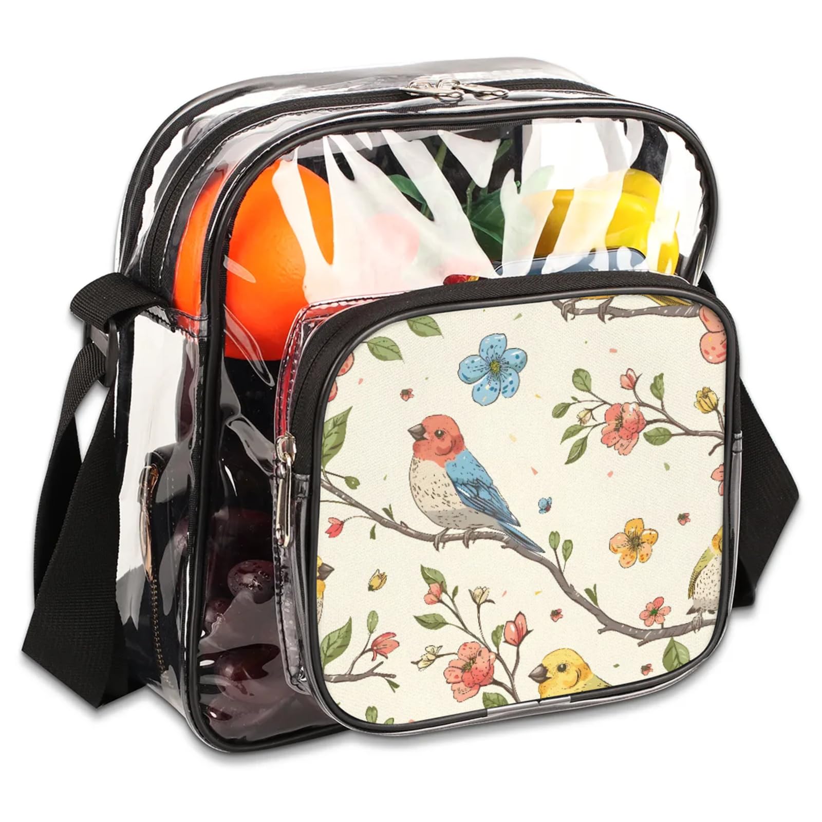 Clear Crossbody Bag Stadium Approved Bird Transparent Bag for Festivals, Sports Events, Concerts,Beach Bag for Women Men Colorful Birds Clear Purse with Front Pocket Messenger Bag