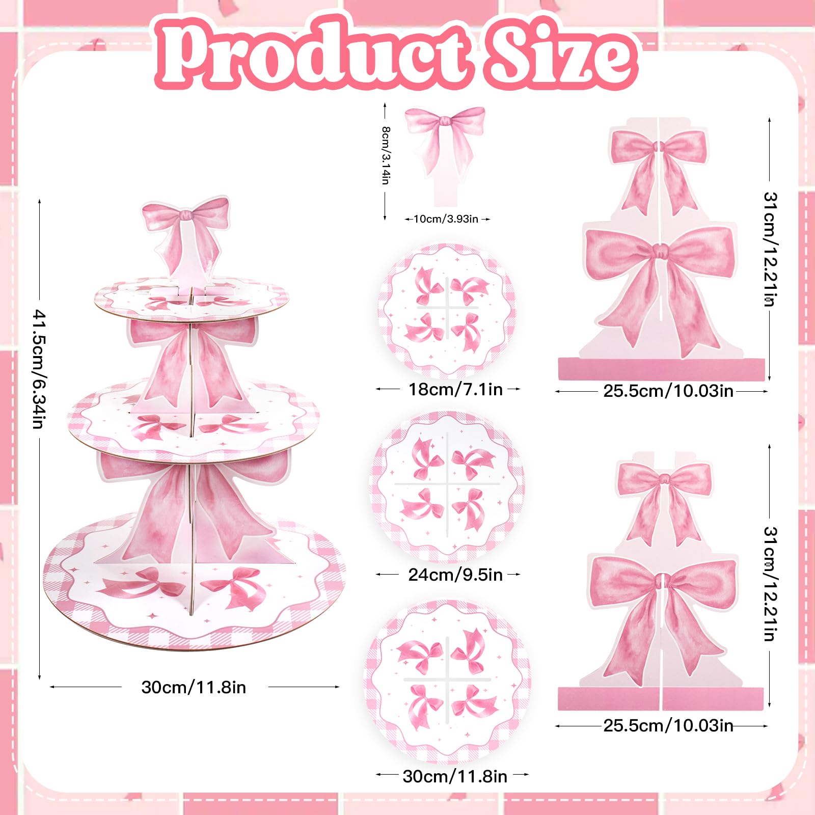 2 Pack Pink Bow Cupcake Stand Coquette Theme Birthday Party Decorations 3 Tier Pink Cupcake Holder Bow Party Supplies for Wedding Garden Birthday