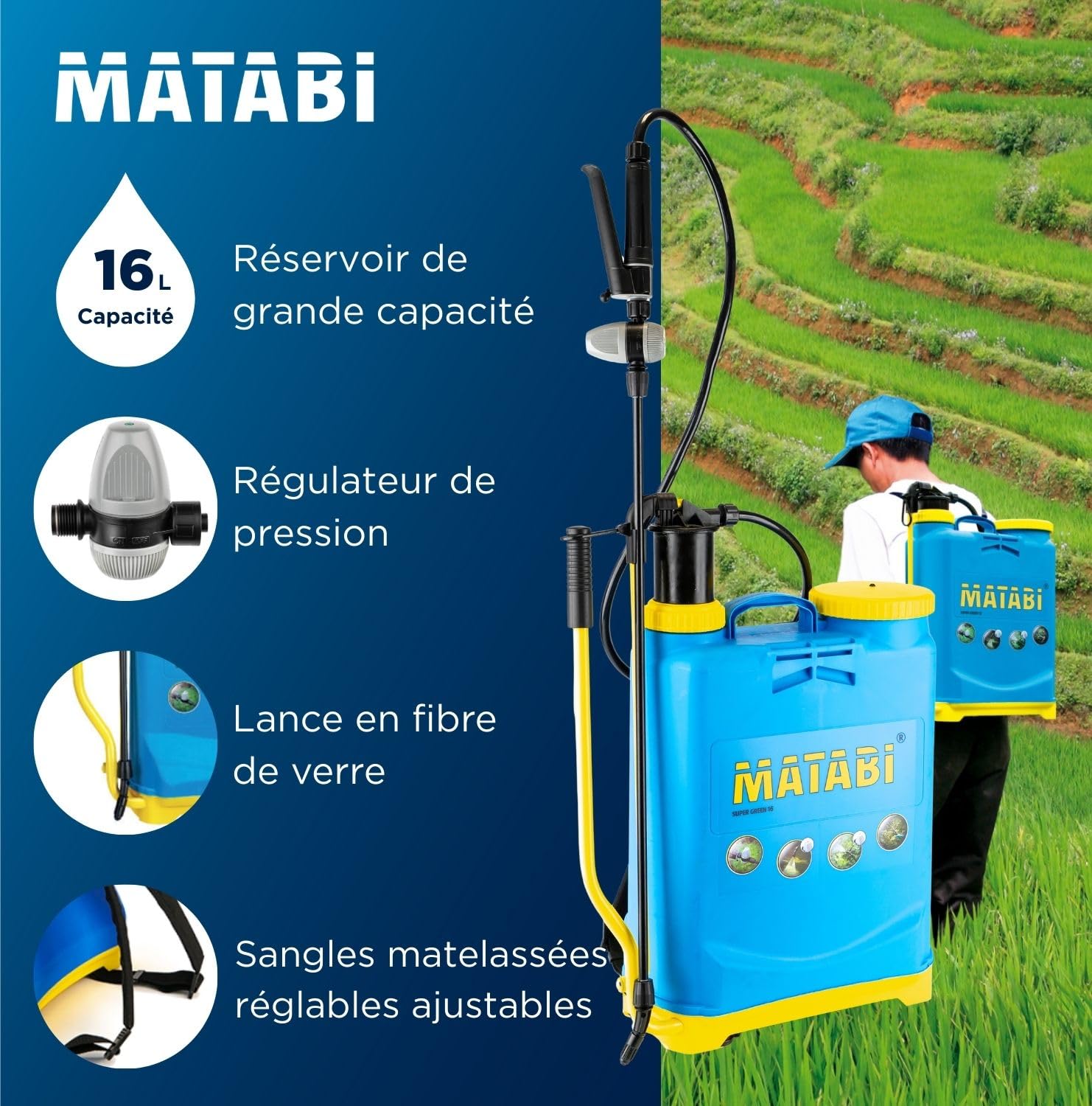 Matabi pulvérisateur de jardin Super Green 16L – Lance fibre de verre – Buses interchangeables – Régulateur de pression – Sangles rembourrées – Réservoir translucide