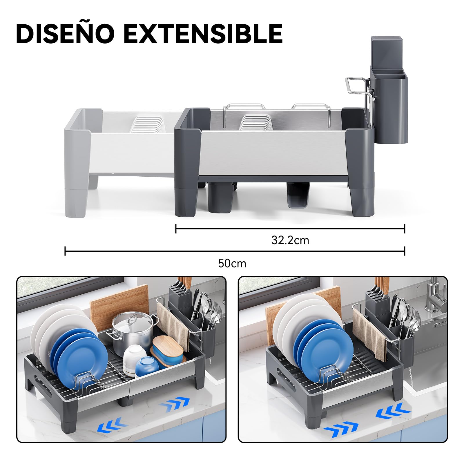 Urackify Escurridor de Platos, Gris | Extensible, Acero Inoxidable, Aluminio, Soporte Utensilios Extraíble, para Encimera
