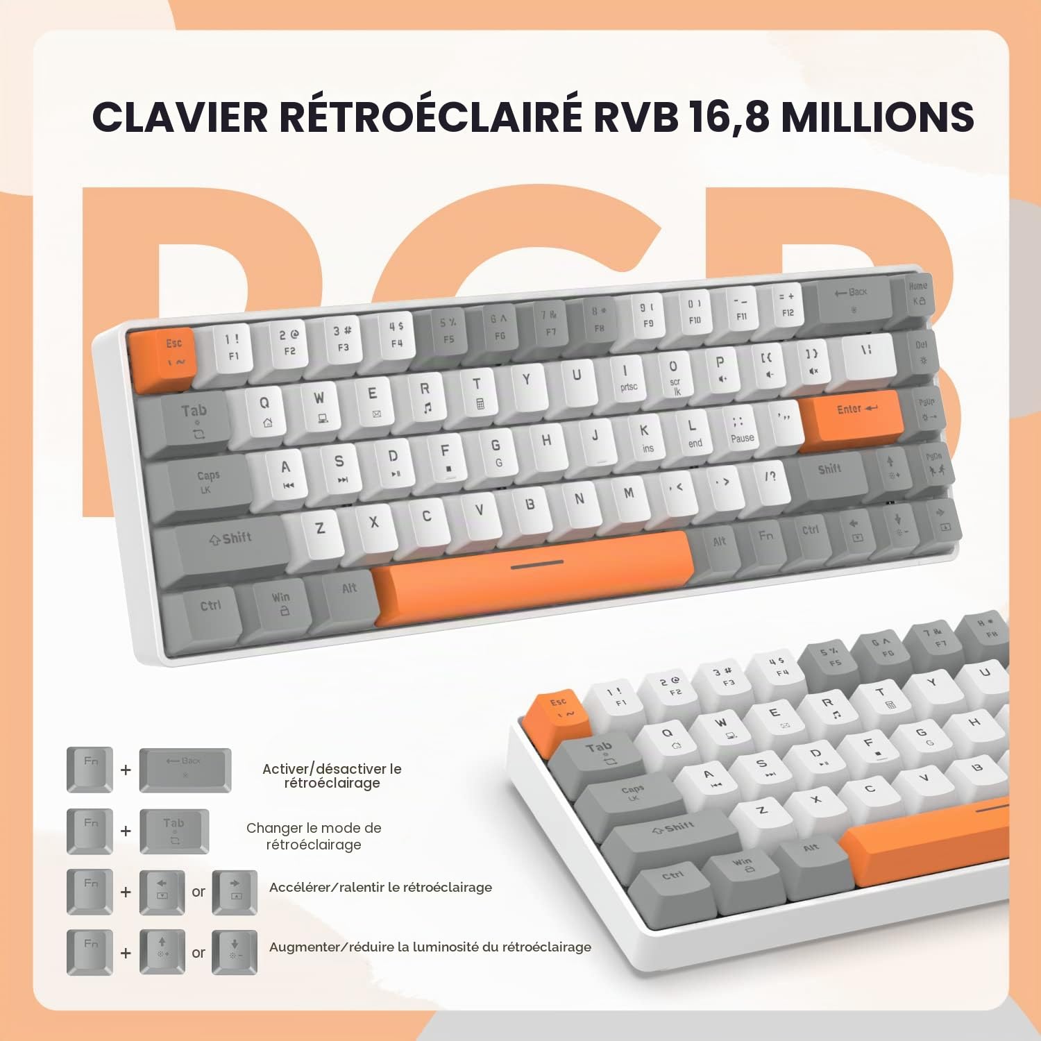 YINDIAO T8 Combos Clavier et Souris de Jeu 60% RVB + Câble USB C Spiralé,Clavier Mécanique Filaire,Disposition Compacte 68 Touches TKL,Souris en Nid d'abeille,Jusqu'à 6400 DPI,pour PC PS5,Gris Clair