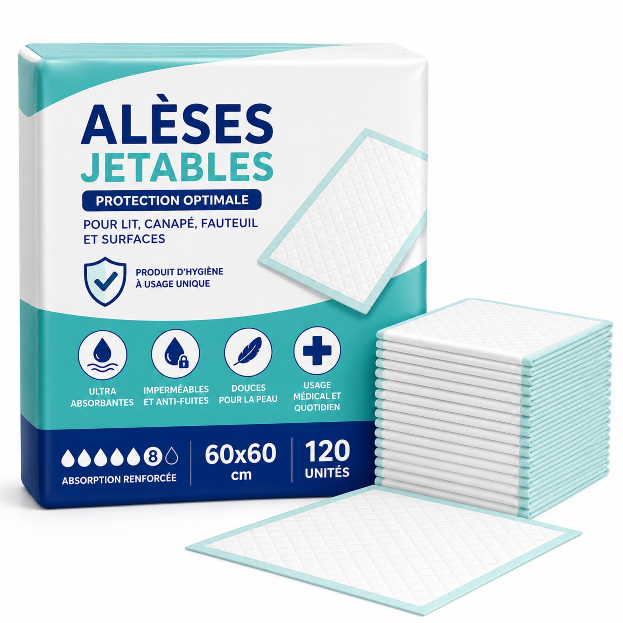 120 Alèses Jetable Ultra-Absorbante pour Incontinence (60x60 cm) – Imperméable, Hypoallergénique et Douce – Protection pour Lits, Fauteuils et Chaises – Le Pro du Médical