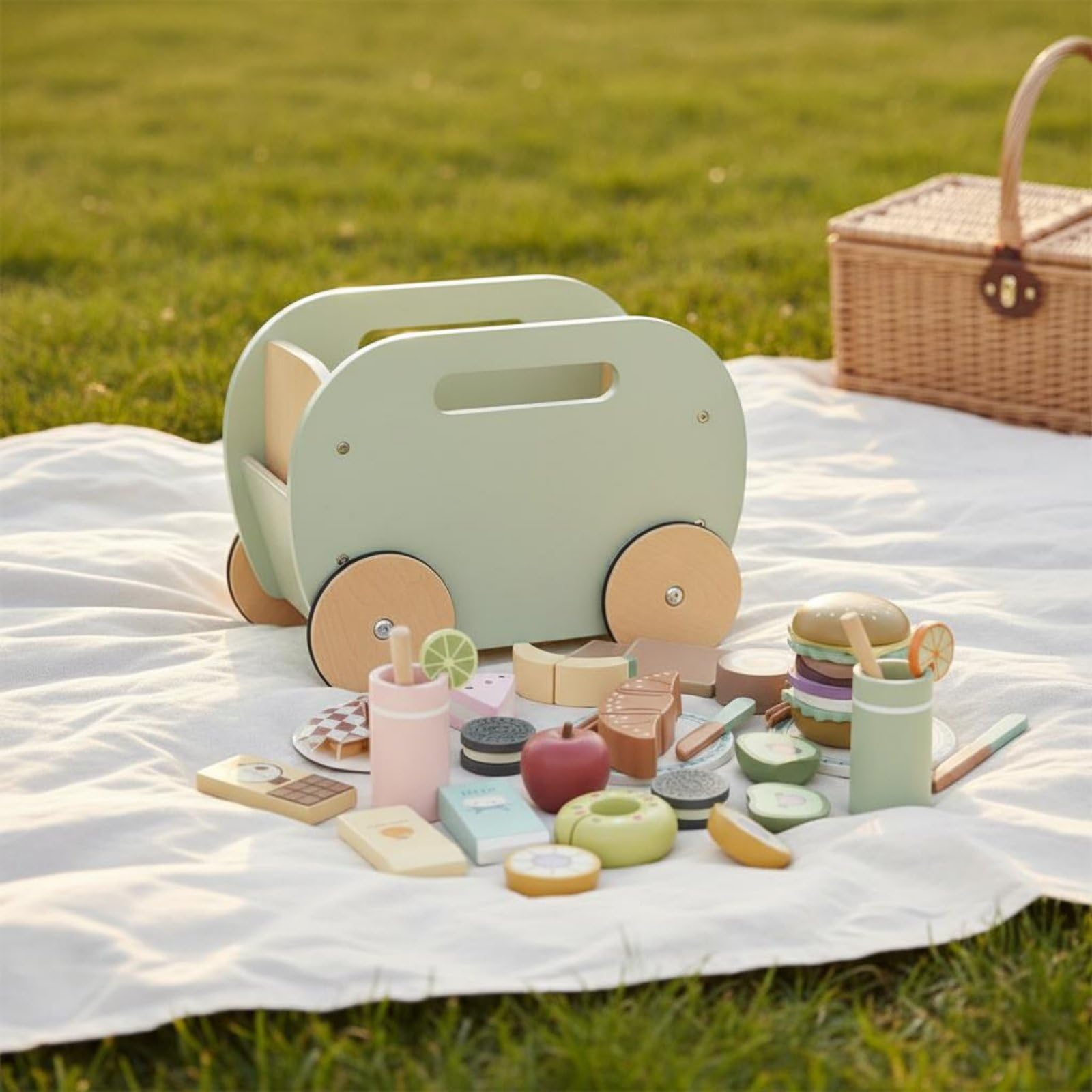 Kinder Spielzeug Wagen Kinderküchen Spielset Holz Imbisswagen Rollenspiel Essenswagen Lernspielzeug mit 31 Teilen Holzmaterial Tragbarer Ziehwagen für Vorschule Zuhause Garten