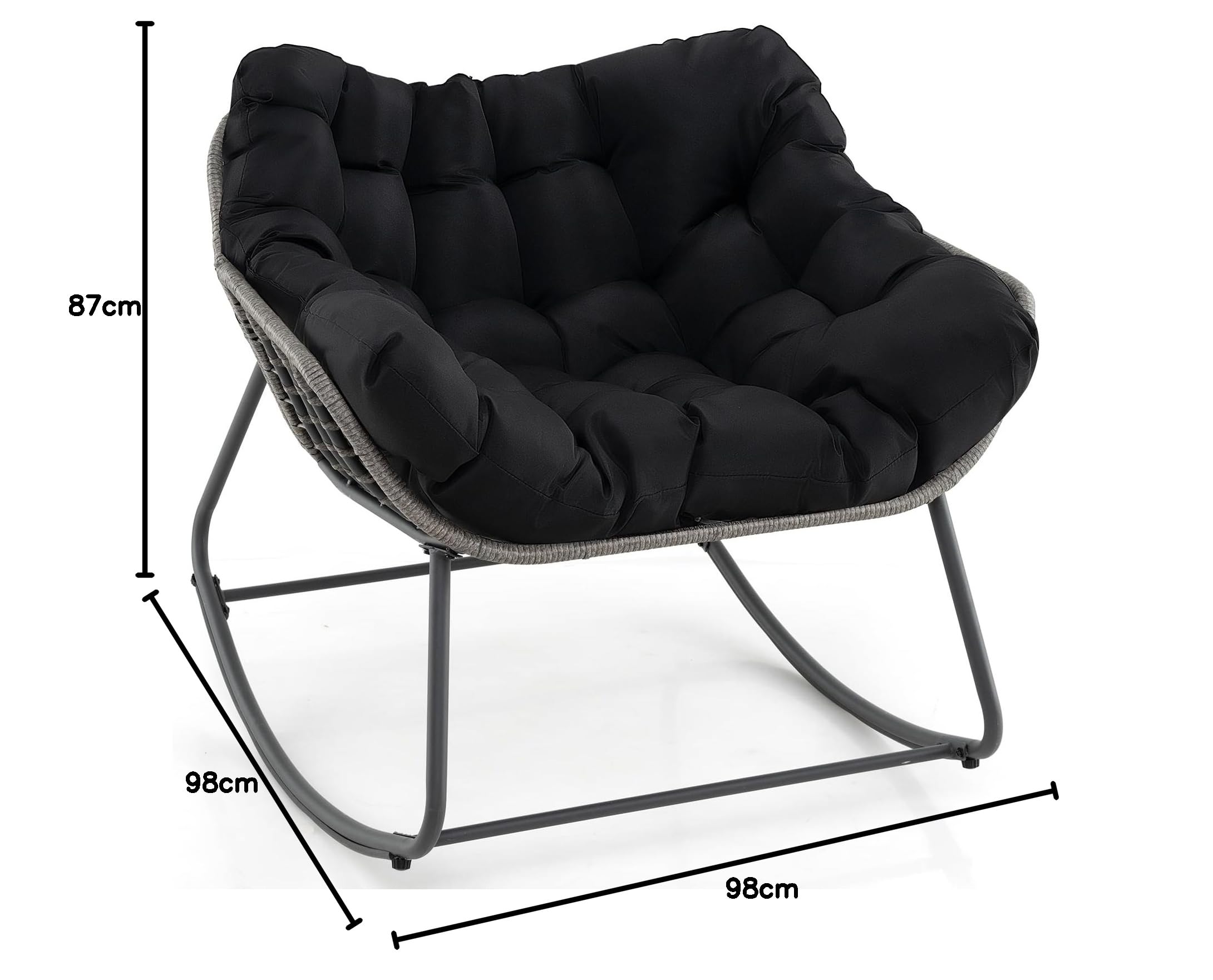 GYMAX Fauteuil Œuf à Bascule en Rotin PE, Coussin Épais Rembourré, Cadre en Metal Robuste, Bandes Antidérapantes, Patins de Butée, pour Relaxation Salon, Patio, Balcon, Cour, Piscine (Noir)