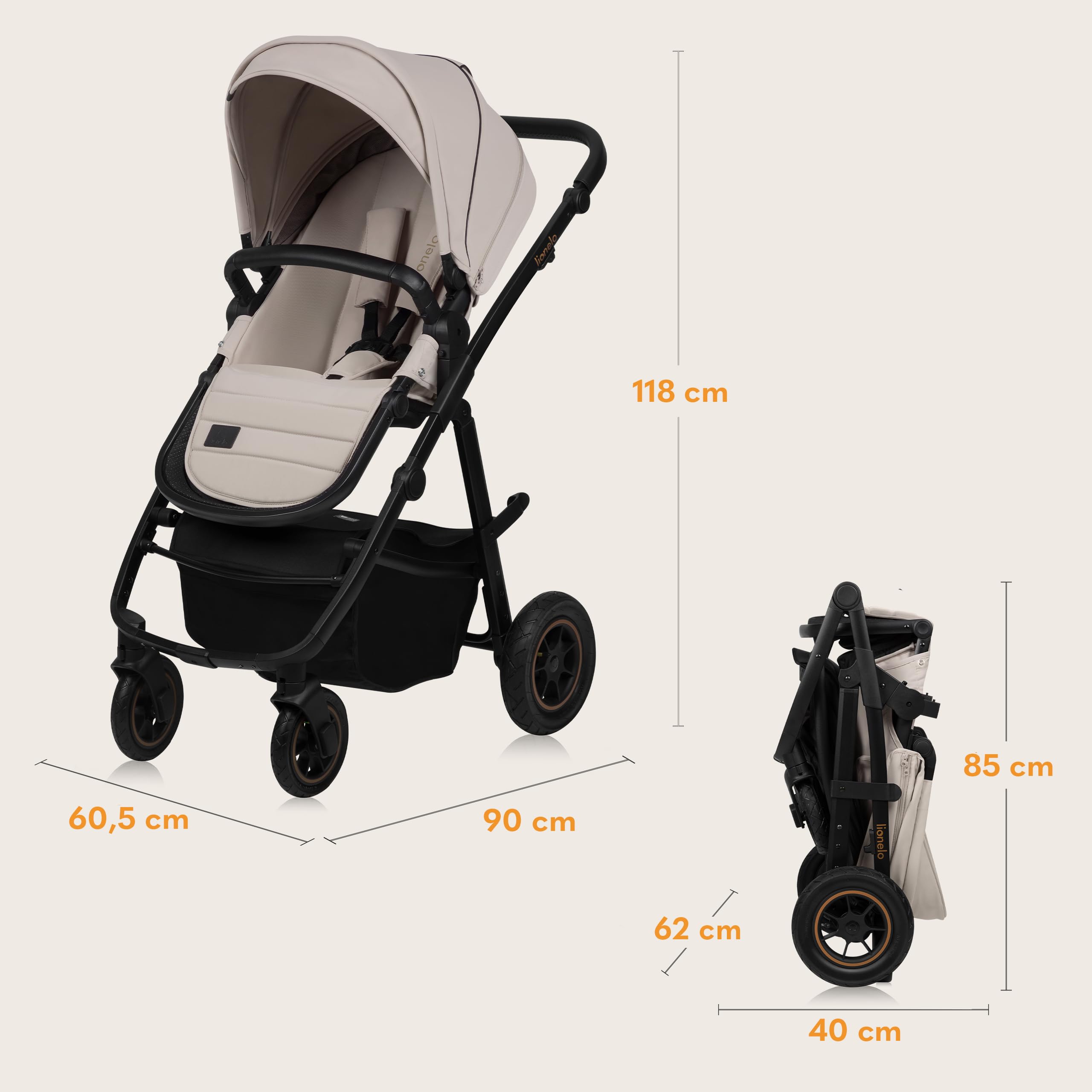 LIONELO AMBER PLUS 2 w 1 Spacerowy Wózek Dziecięcy od 0 do 4 lat do 22kg z Gondolą XL, Regulacja Oparcia, 5 Punktowe Pasy Duże Terenowe Koła 360o Budka XXL Amortyzacja Spacerówka