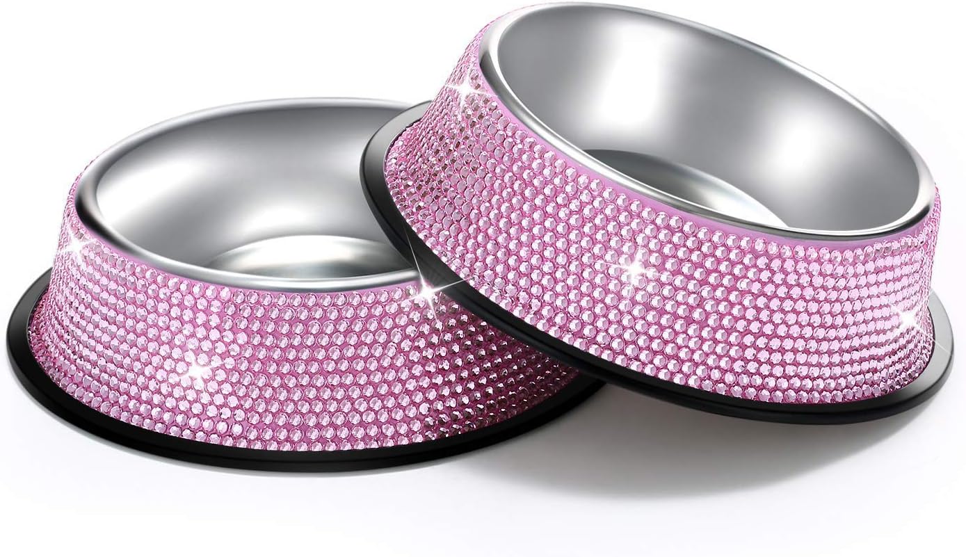 Dog Bowls, SAVORI 640ml Handmade Sparkling Rhinestones Stainless Steel Pet Bowls Double Pet Food Water Feeder for Puppy Dogs Cats - Pink