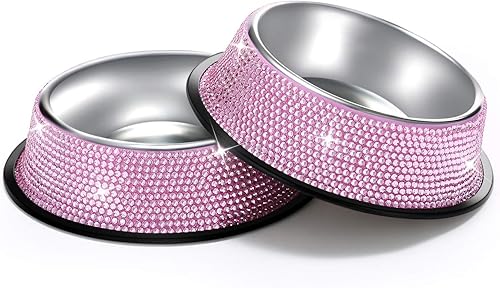 Miniatura 8 de SAVORI Cuencos para perros pequeños rosados hechos a mano con diamantes de imitación brillantes de acero inoxidable comedero doble para alimentos