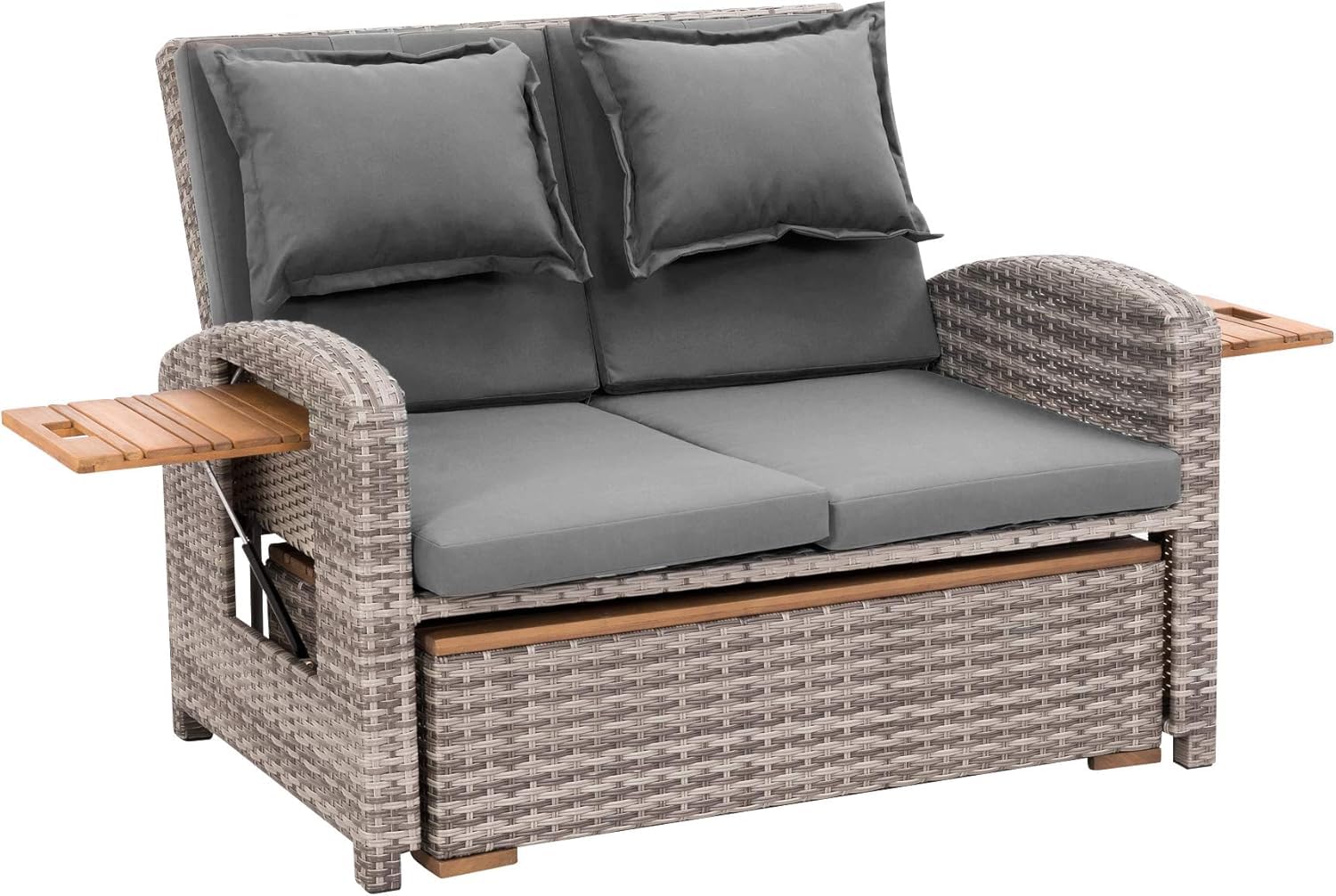 greemotion Gartensofa mit Liegefunktion Bahia Tobago - Sonnenliege mit 5-fach verstellbarer Rückenlehne - Gartenlounge mit zwei klappbaren Seitentabletts - Loungesofa inkl. Hocker 117x93x74 cm | 117 x 93 x 74 cm