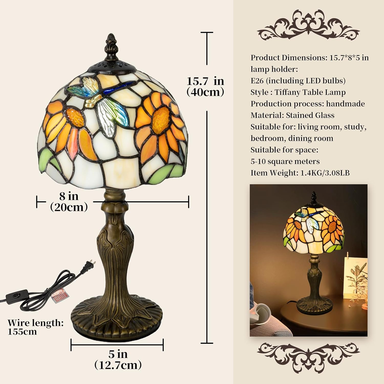 Tiffany Table Lamp,3 Color-Temperature Sunflower Stained Glass Lamp,8 Inch Tiffany Style Lamp for Bedroom Living Room Home, Handcrafted Light, Included Bulb (Yellow Sunflower)