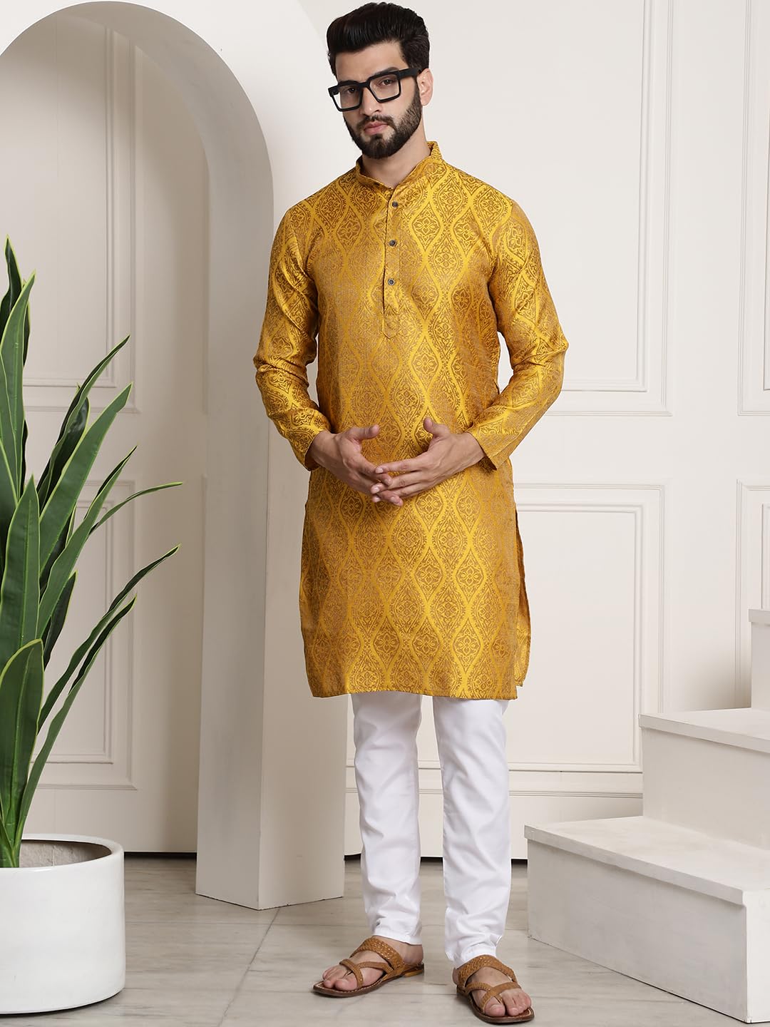 Sojanya (Since 1958 Men's Silk Blend Mustard Self Design Kurta And White Churidar Pyjama Set