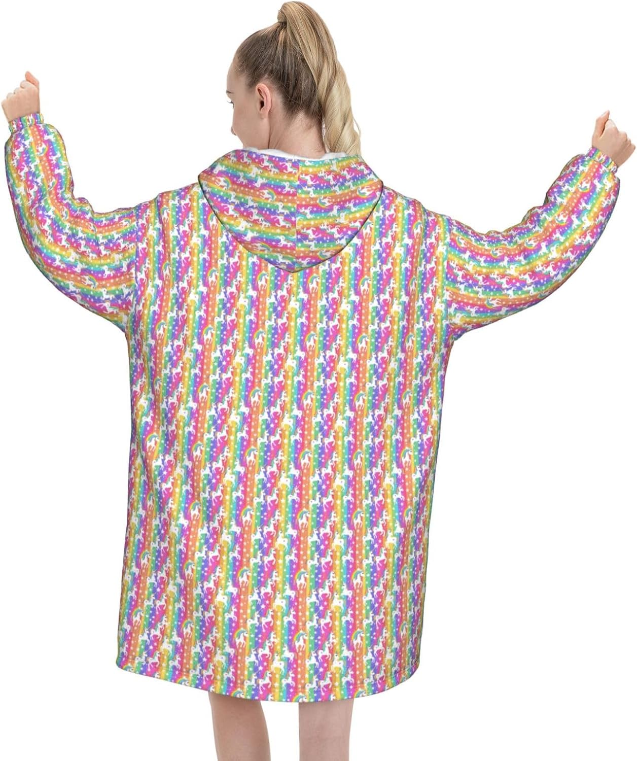 Unicorns On Stripes Print﻿ ﻿winter Cozy Blanket Hoodie Wearable With Sleevesfor Christmas New Year Loungewear