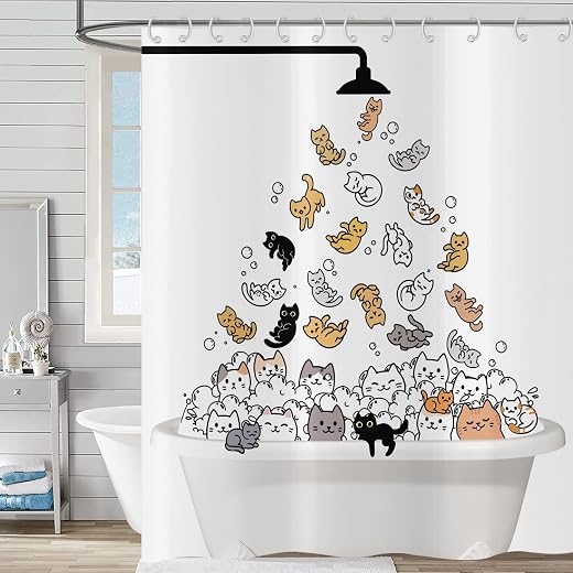 Hnmdmyi Duschvorhang Lustige Katze 180x200, Kinder Cartoon Tier Kätzchen Bunt Liebenswert Urkomisch Haustiere Badewanne Vorhang Wasserdicht Polyester Stoff Waschbar Badevorhang mit Haken