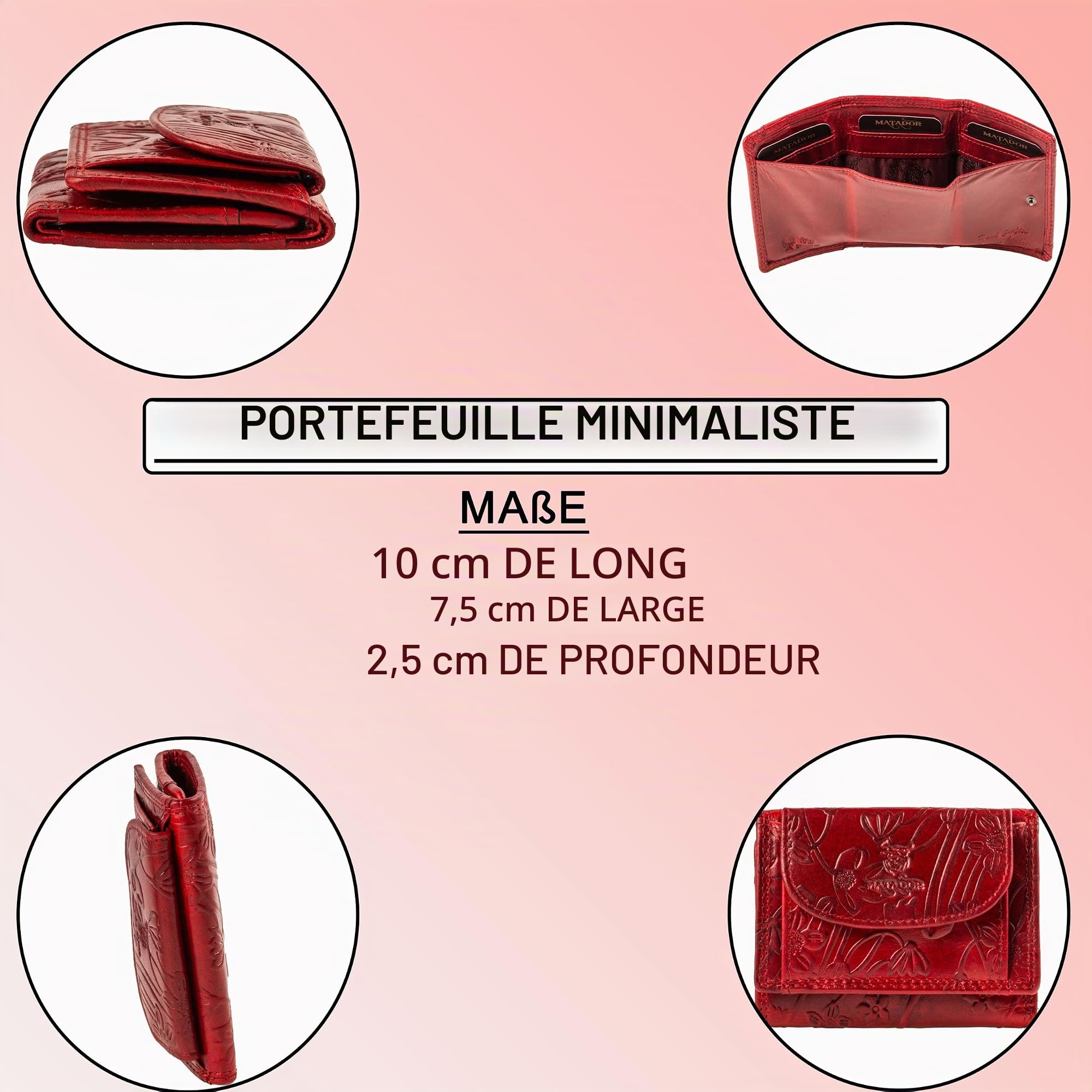 MATADOR Petit Portefeuille Femme Cuir #GENÈVE Portefeuille Femme avec Noble Boîte Cadeau, Porte-Monnaie de Luxe avec RFID, Mini Portefeuille avec de Nombreux Compartiments à Cartes en Fleurs Rouge