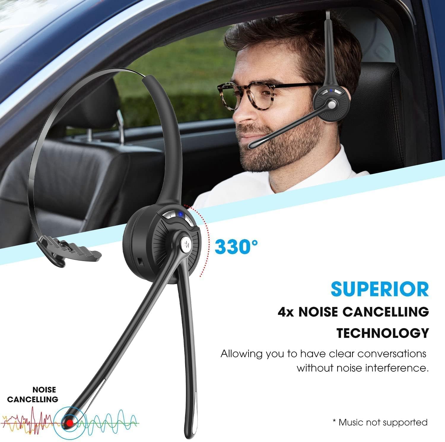 cuffie Bluetooth con microfono, cuffie on-ear wireless con cancellazione del rumore e stazione di ricarica, cuffie per telefono con pulsante muto per laptop, Skype, call center, ufficio
