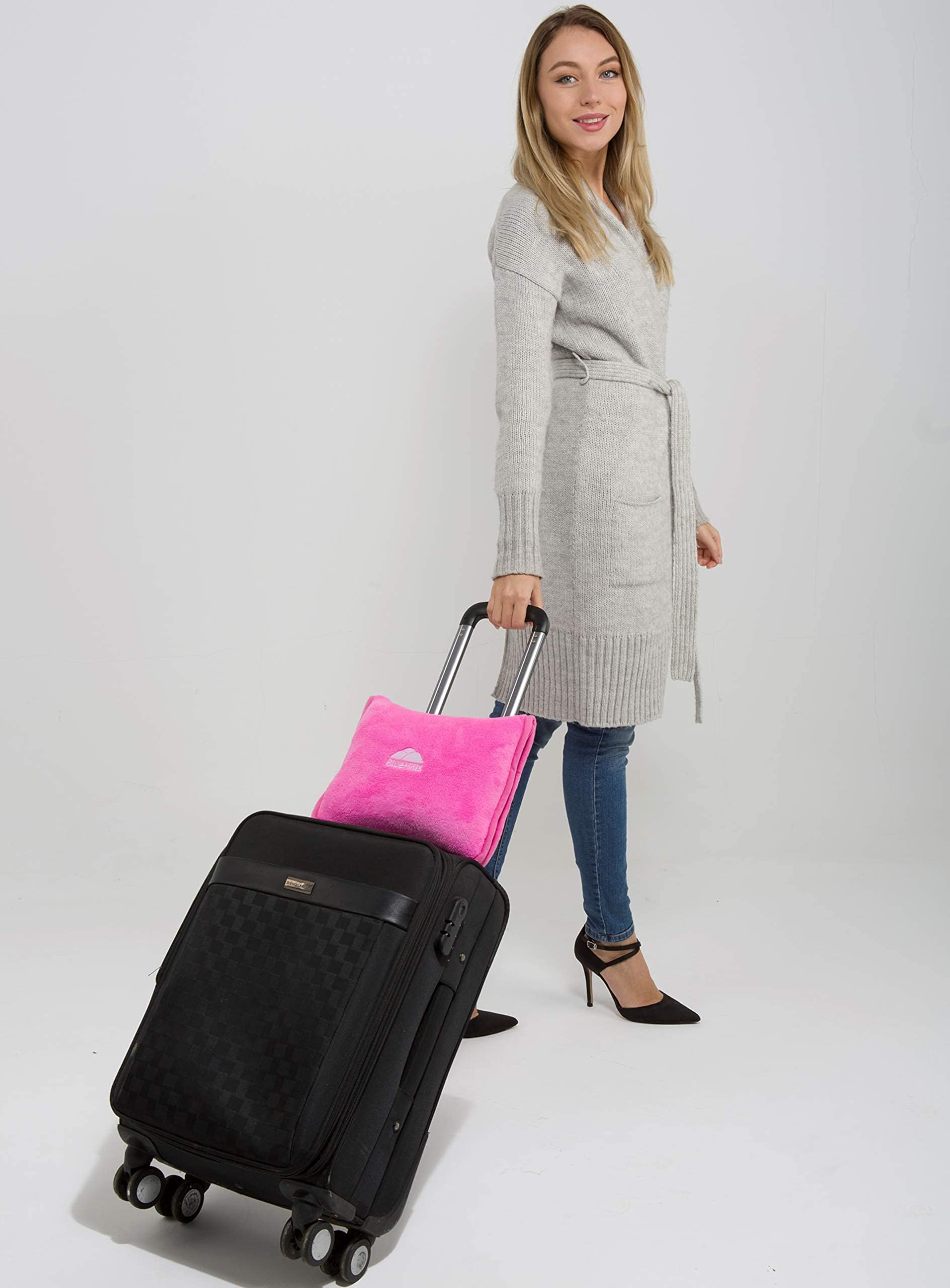 BlueHills Premium Soft Travel Blanket Pillow Airplane Blanket Packed in Soft Bag Pillowcase with Hand Luggage Belt and Backpack Clip, Compact Pack Large 2 in 1 Combo for Any Travel (Pink T004)