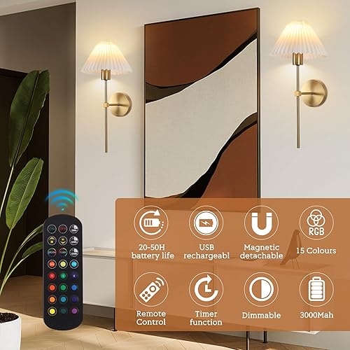 Miniatura 4 de Juego de 2 apliques de pared inalámbricos, plisados, recargables, funciona con pilas, luces de pared retro industriales doradas, apliques de tocador