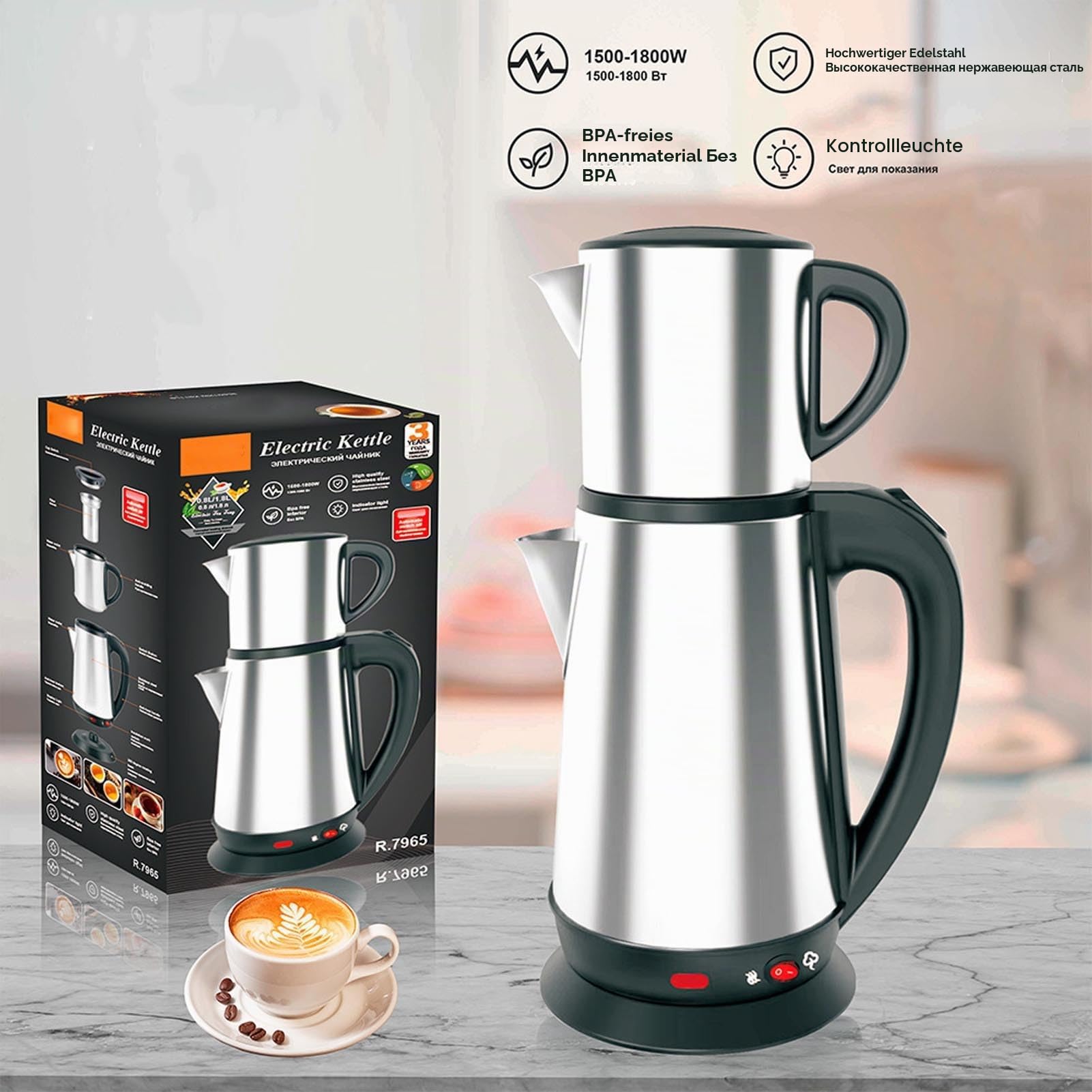 SENECESLI Elektrischer Türkischer Teehersteller, Edelstahl -Doppelkinder -Teekessel, Inklusive Infuser, Automatische Absperrung und Kochen Trockener Schutz, 1l Kessel + 2L Teekanne, 1800W (EU)