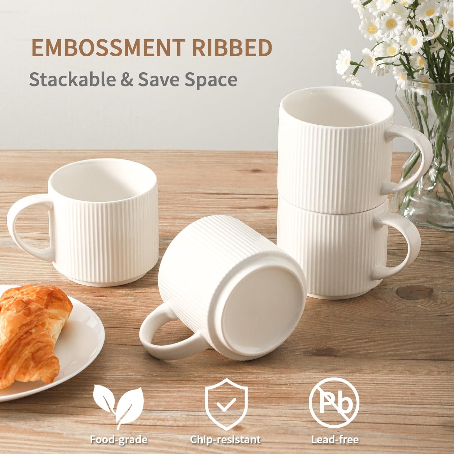 HASENSE 15oz Coffee mugs Set of 4,Stackable Ceramic Coffee Mug with Rack,Porcelain Coffee Cups for Latte,Cocoa, Americano, Hot Tea and Milk,Vertical Striped,White