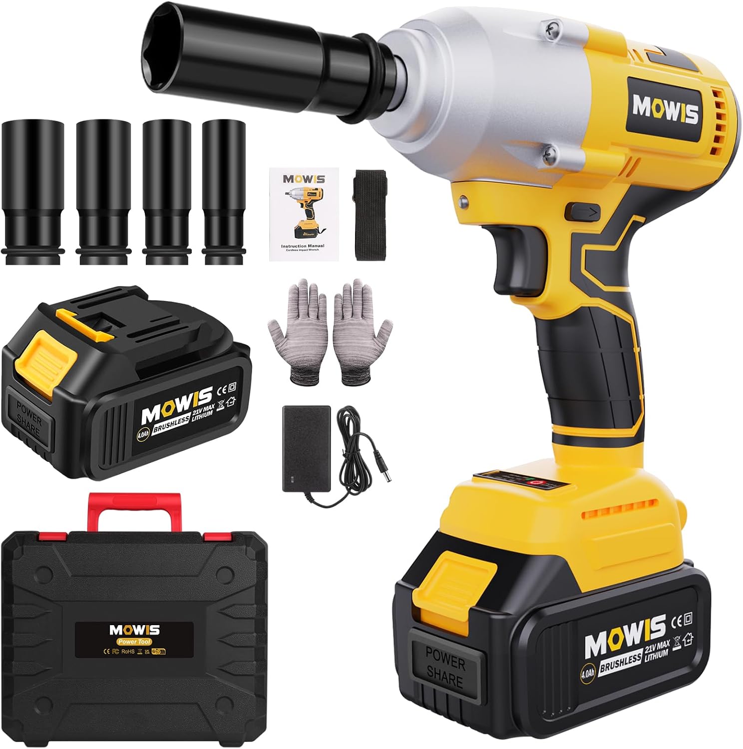 Mowis Cordless Impact Wrench 700Nm Brushless 1/2 inch 800RPM 4.0Ah Battery Fast Charger 4 Sockets Tool Box Electric Power Impact Wrench for Car Home