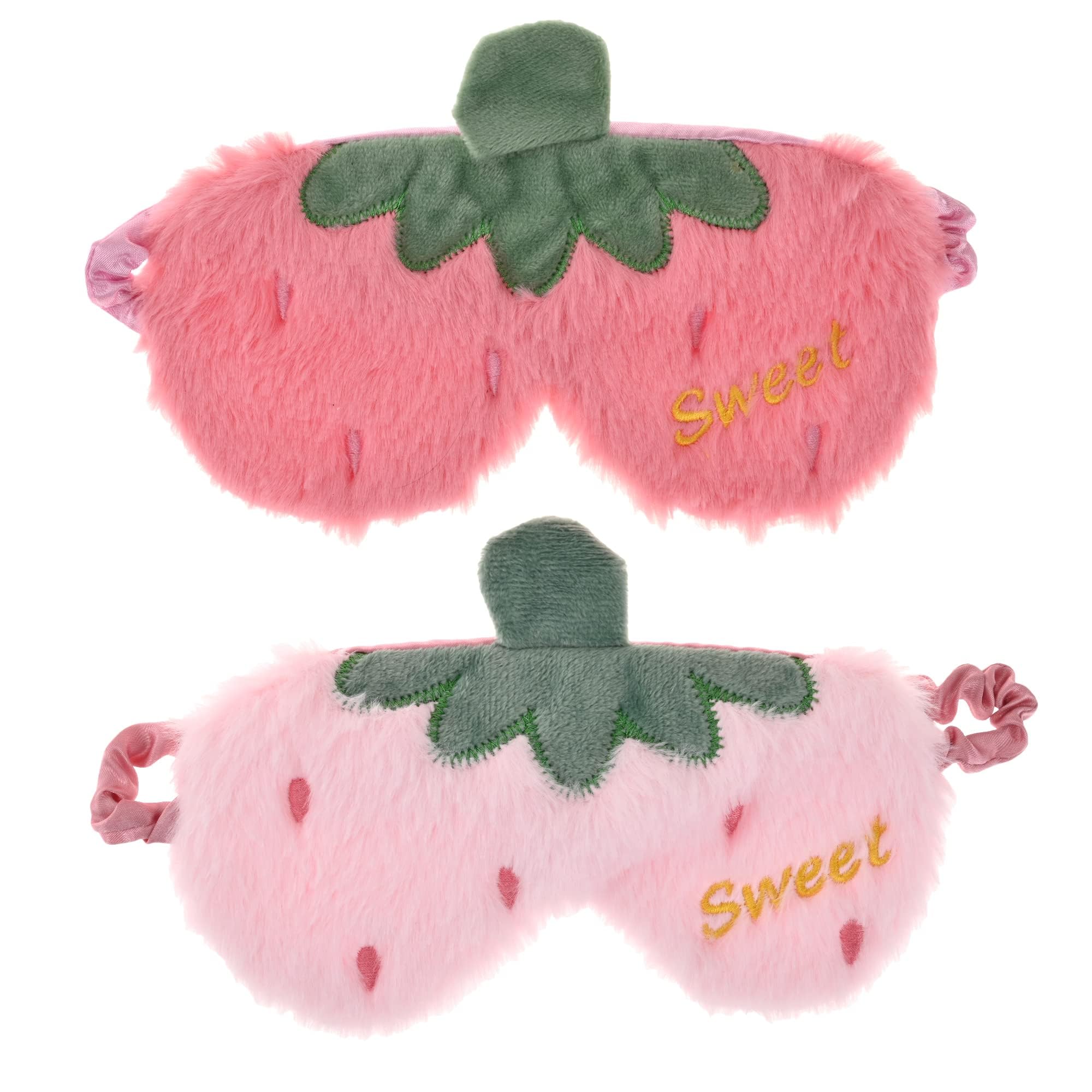 IUAQDP 2 Pieces Plush Sleep Mask, Strawberry Shape Eye Blindfold, Cute Cartoon Fruit Eye Mask Soft Night Eyeshade with Elastic Strap & Silky Back for Women Girls Travel Sleepover Nap Party, Pink & Red