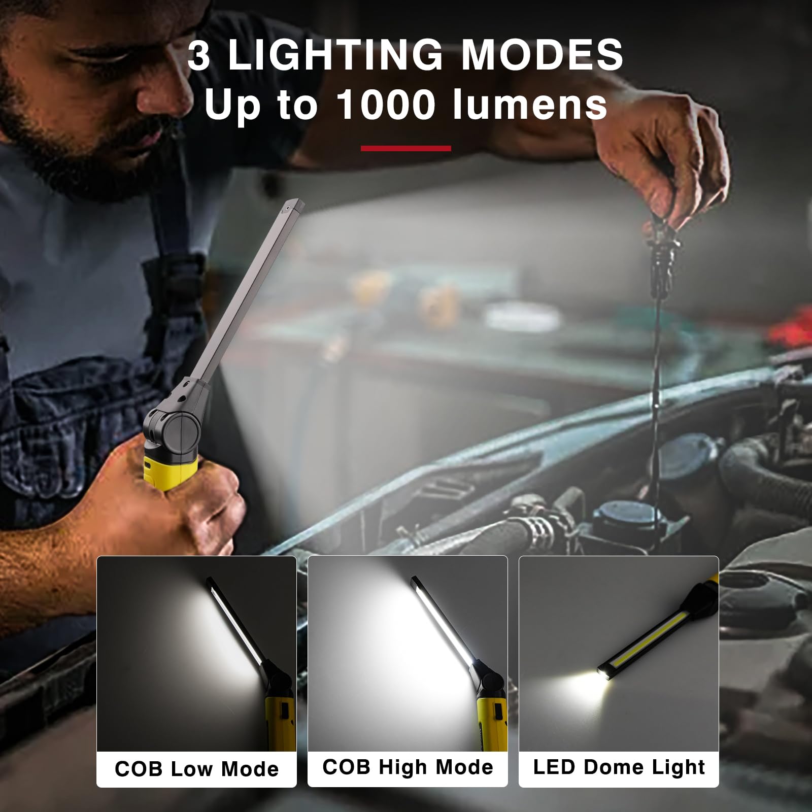 Lampe torche LED rechargeable, lampe d'inspection 1000 lumens avec base magnétique, rotation à 120 °, 3 modes, lumière d'inspection portable pour réparation de voiture, camping et urgence