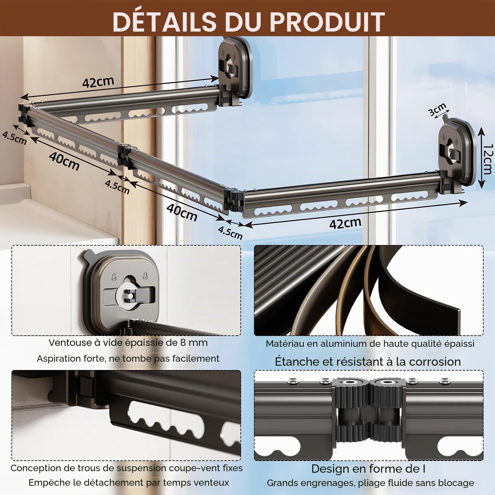 Étendoir À Linge Mural À Ventouses, Étendoir Pliable Avec Doubles Ventouses Pour Camping Car Et Caravane Porte Vêtements Sans Perçage Gain De Place Pour Salle De Bain Balcon Intérieur Extérieur