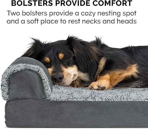 Miniatura 11 de Furhaven - Cama para perro de espuma viscoelástica, de piel sintética y gamuza, en dos tonos, estilo diván, en forma de L, color gris piedra, talla M