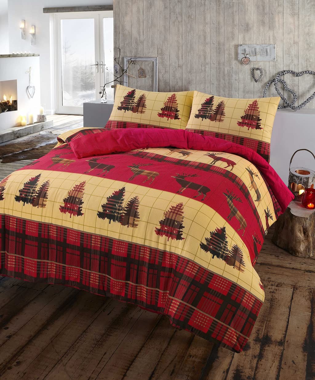 Night Zone Stag Duvet Cover 100% Flannelette Brushed Cotton Thermal Duvet Cover Bedding Set (Red, Single)