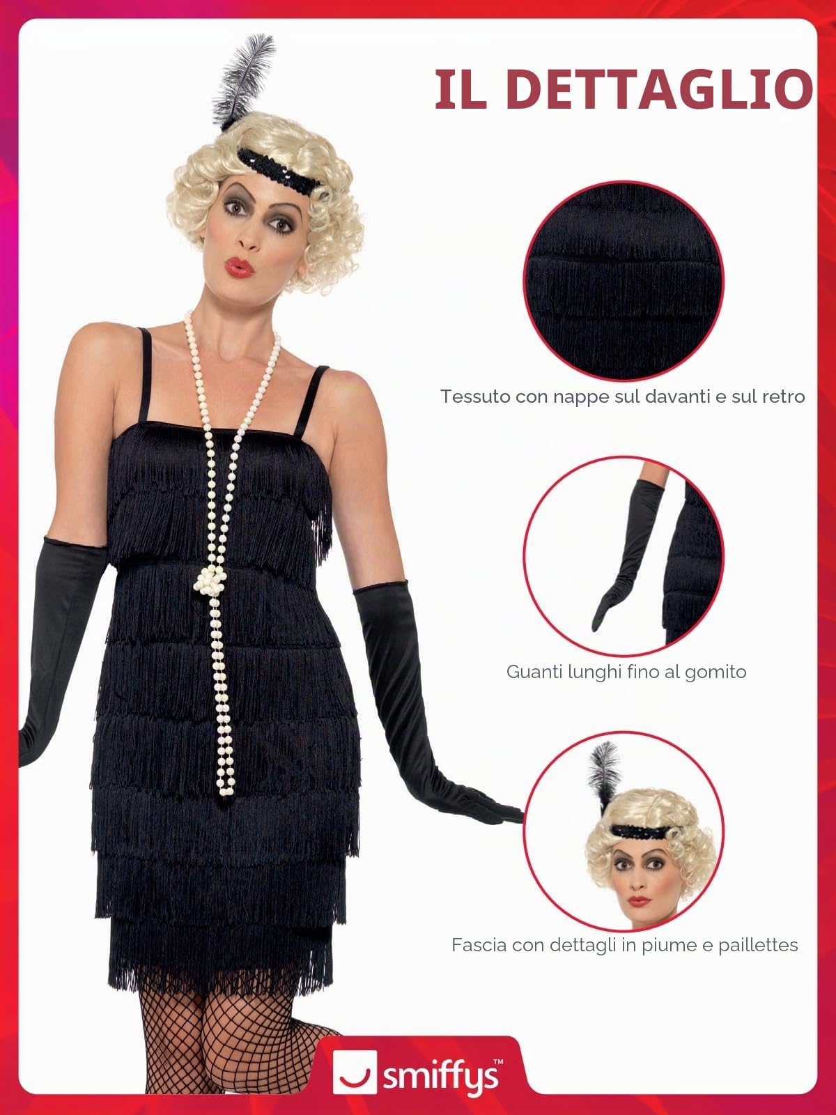 Smiffys Costume Flapper, Nero, abito corto, fascia per capelli e guanti Halloween