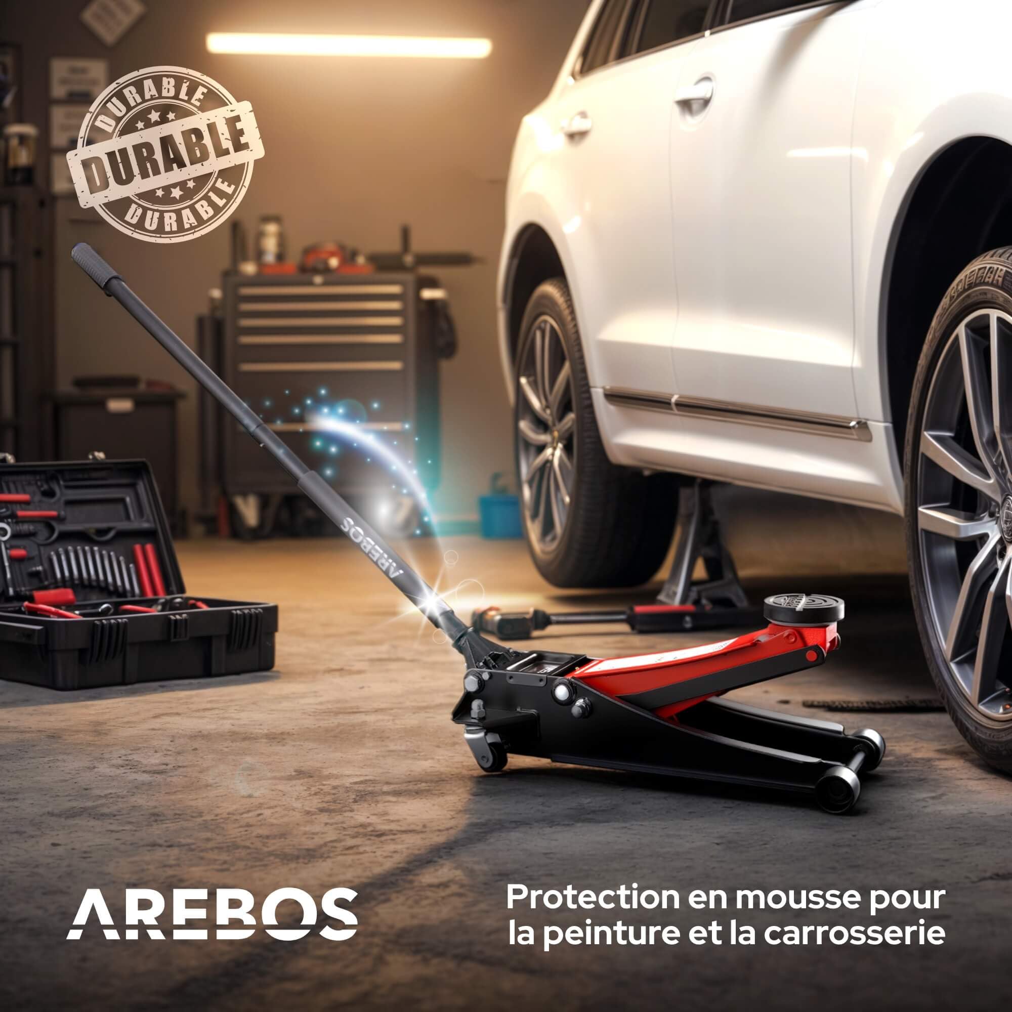Arebos Cric hydraulique 3 t avec Une Hauteur de Levage de 85 à 500 mm, avec 3 Patins en Caoutchouc et Tige de Levier | Grande Bride de Fixation