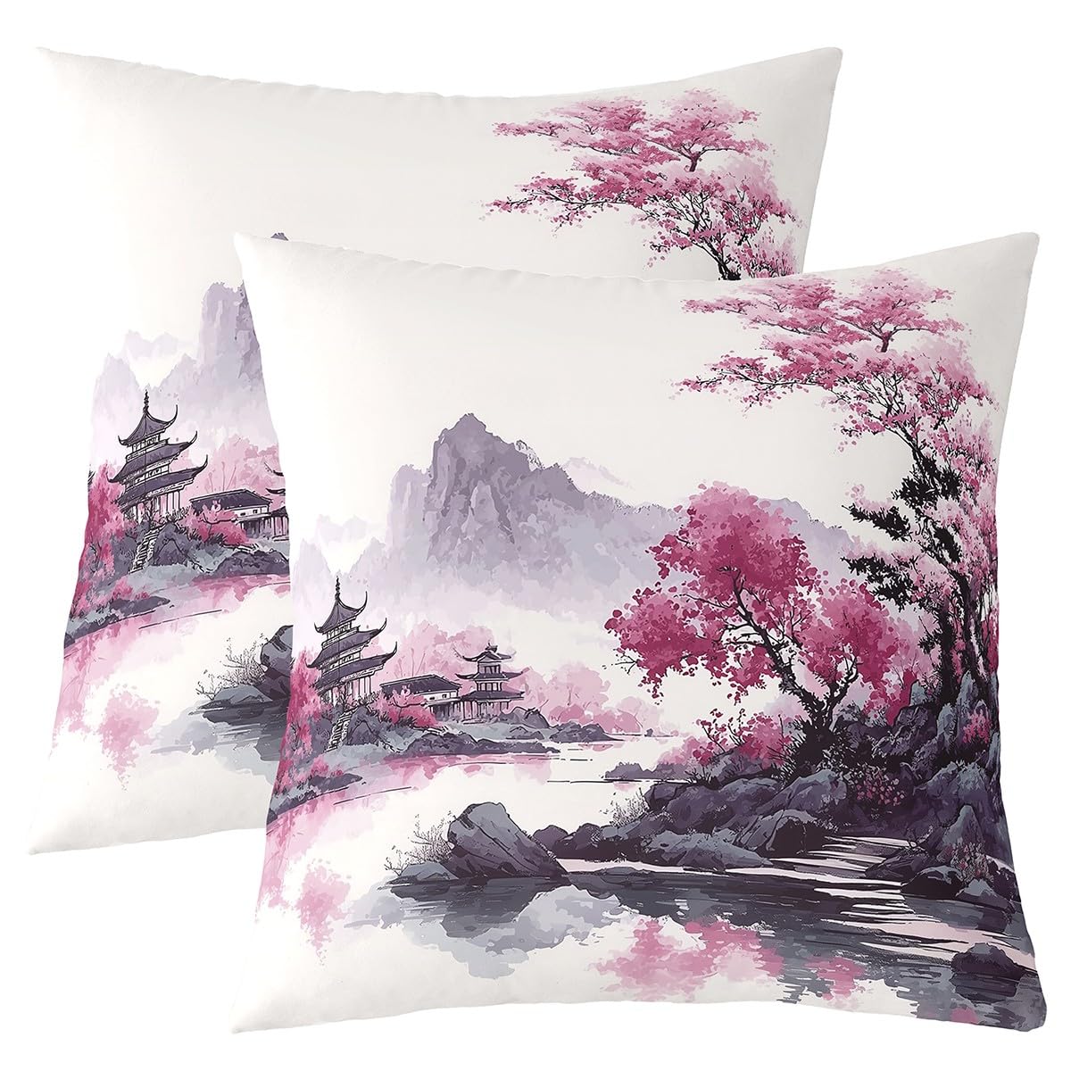 Homemissing Japanese-Style Throw Pillow Covers Set of 2 50x50cm Cherry Blossoms Square Cushion Covers Japanese Ukiyoe Pillow Case Fuji Mountain Printed Decor Cushion Case for Couch Sofa Bedroom Decor