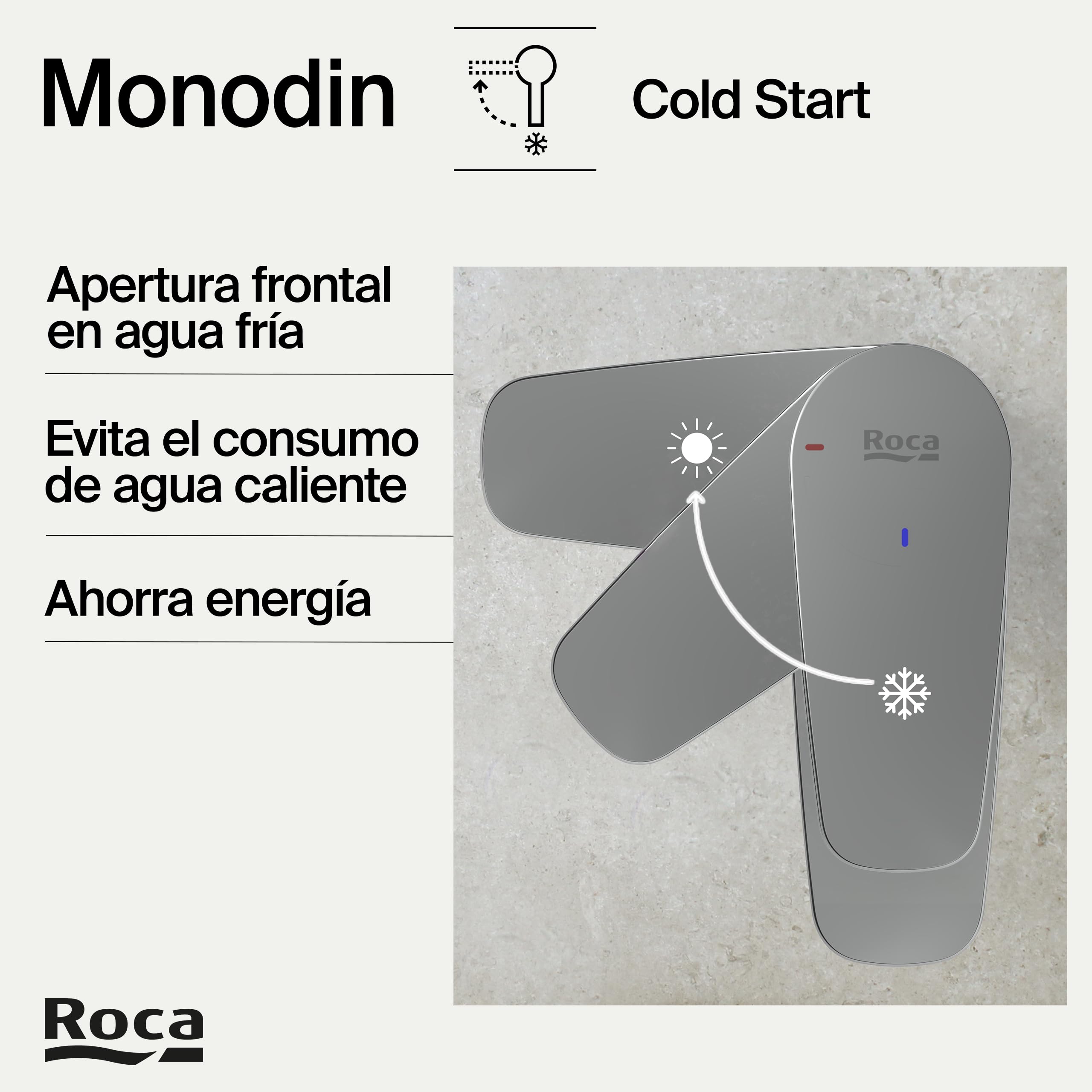 Roca Monodin Grifería para lavabo con tecnología Cold Start, grifo monomando de repisa con enlaces de alimentación flexibles, mezclador de cuarto de baño de fácil instalación, cromado, A5A3298C00