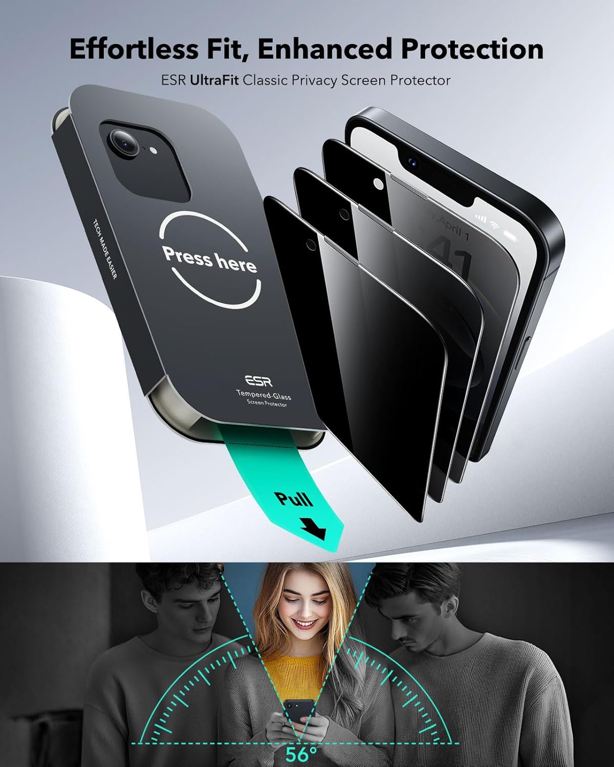 ESR 3 Pack for iPhone 16e/ iPhone 14/ iPhone 13/ iPhone 13 Pro Privacy Screen Protector, Military Grade Shatterproof, 9H Hardness, Anti-spy Tempered Glass with UltraFit Tray - Image 2