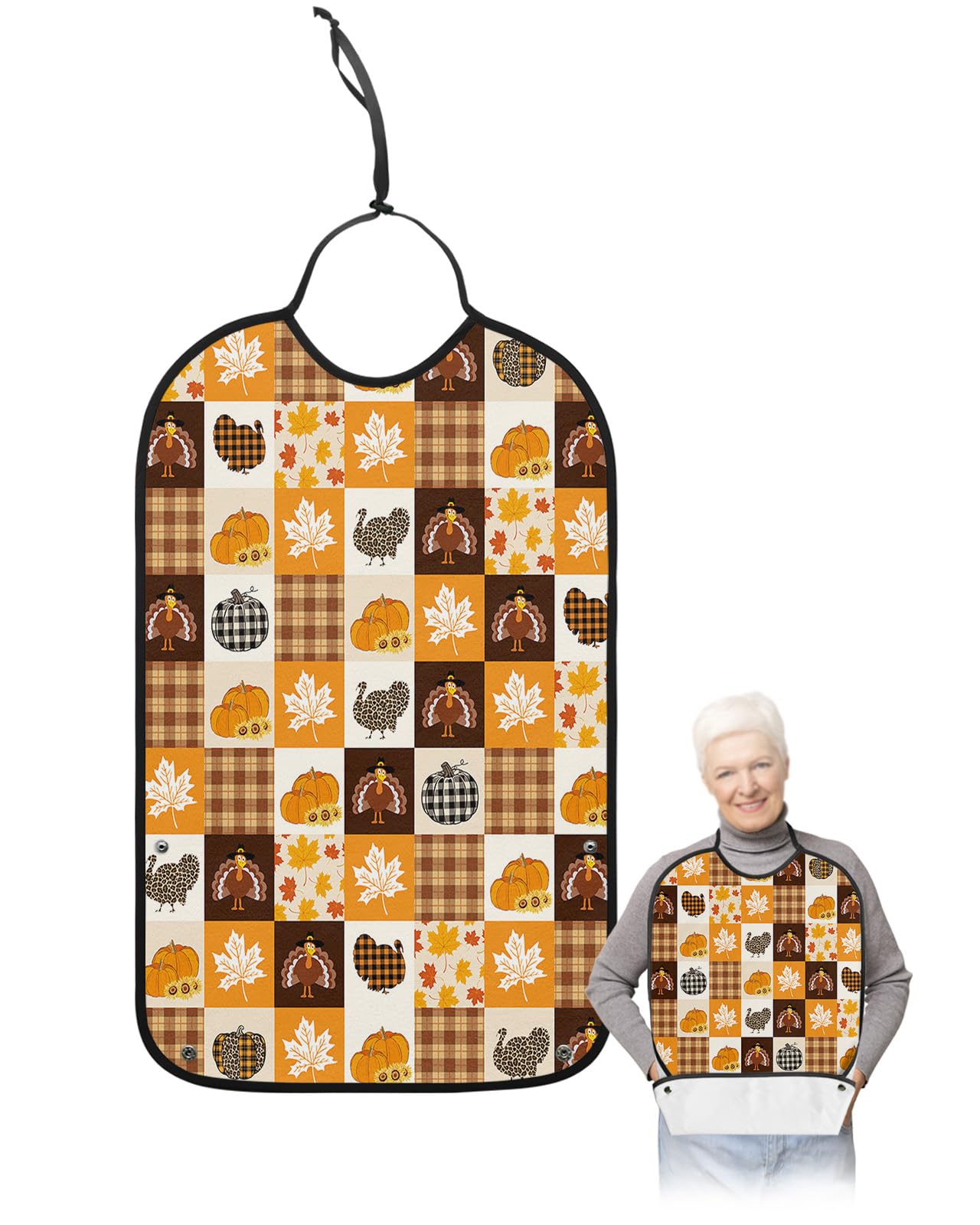Thanksgiving Adult Bibs for Eating, Waterproof Bibs with Food Catcher & Adjustable Snap Closure, Fallen Leaves Turkey Pumpkin Plaid Washable Clothing Protectors Adult Bibs for Elderly Women/Men