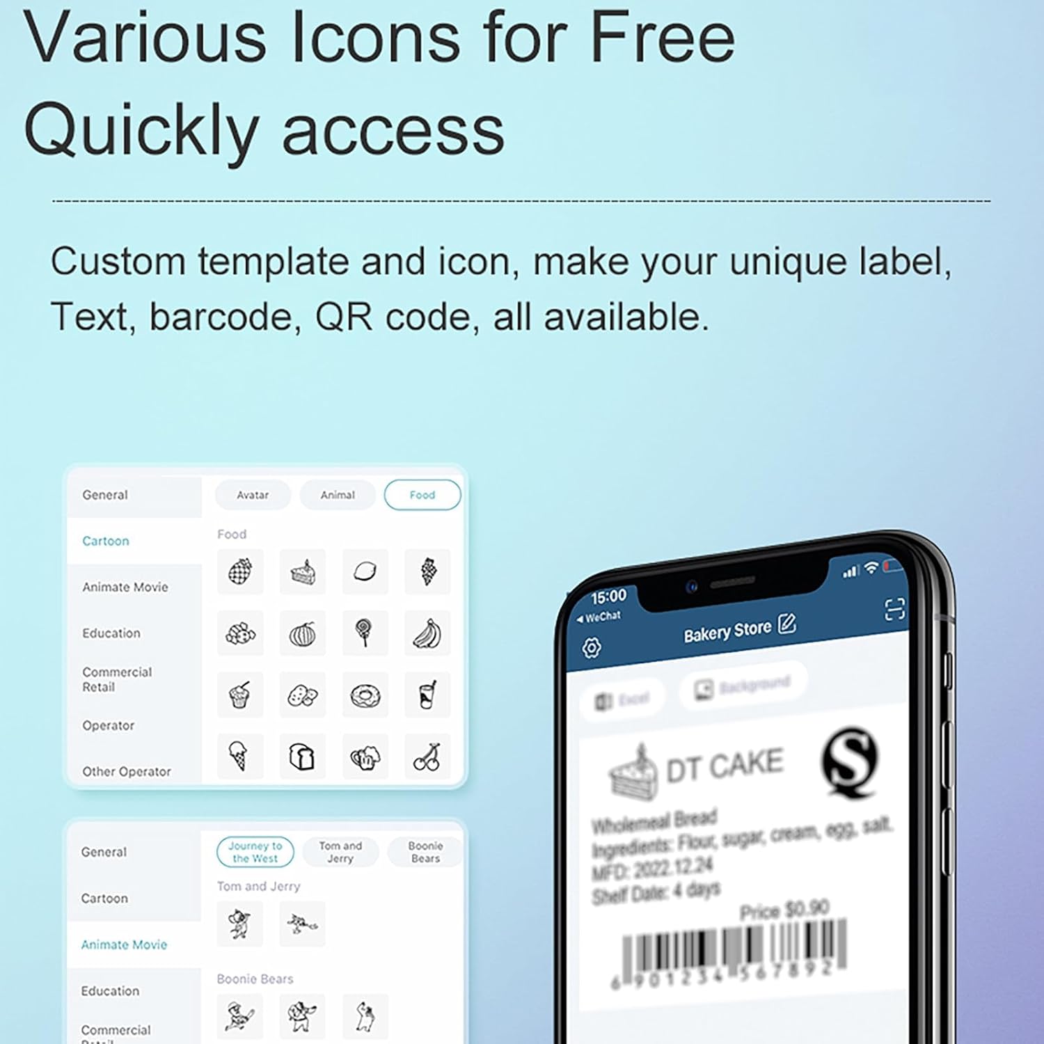 Smartphone screen showing various icons and templates available in the WePrint app for label design