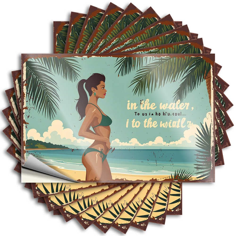 Bathroom Stuff Retro Decals - Beachside Bliss: A Tropical Escape with Palm Trees and Serenity Removable Decal Door Easy Peel for Inside(8X12CM)
