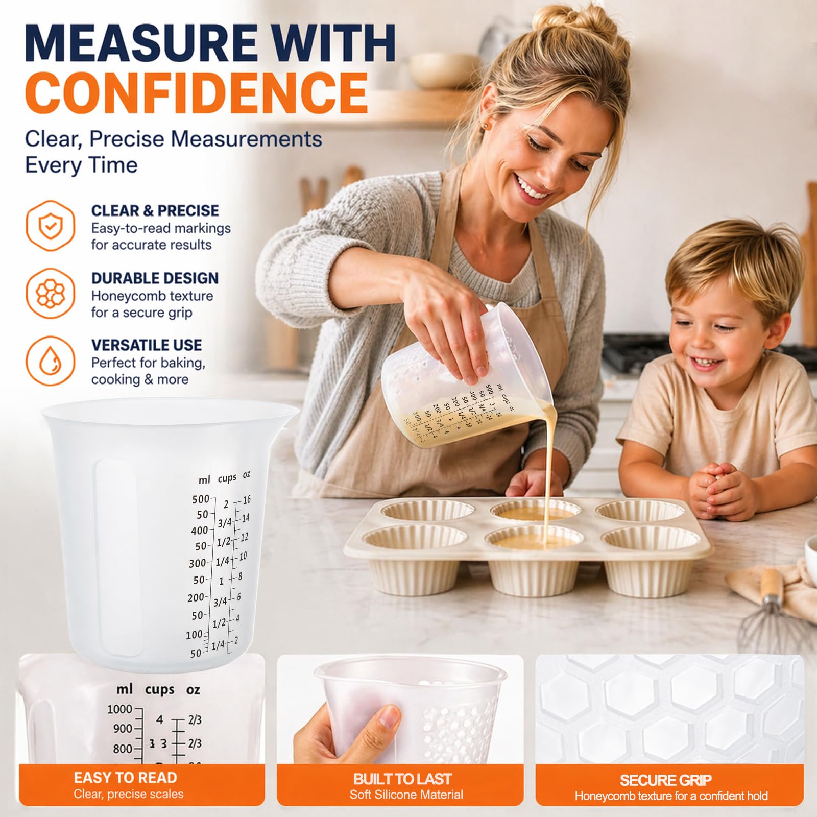 Juego de tazas medidoras de silicona – 250 ml, 250 ml y 500 ml para chocolate y caramelos – Incluye 3 espátulas de tarro, apto para microondas, flexible para hornear